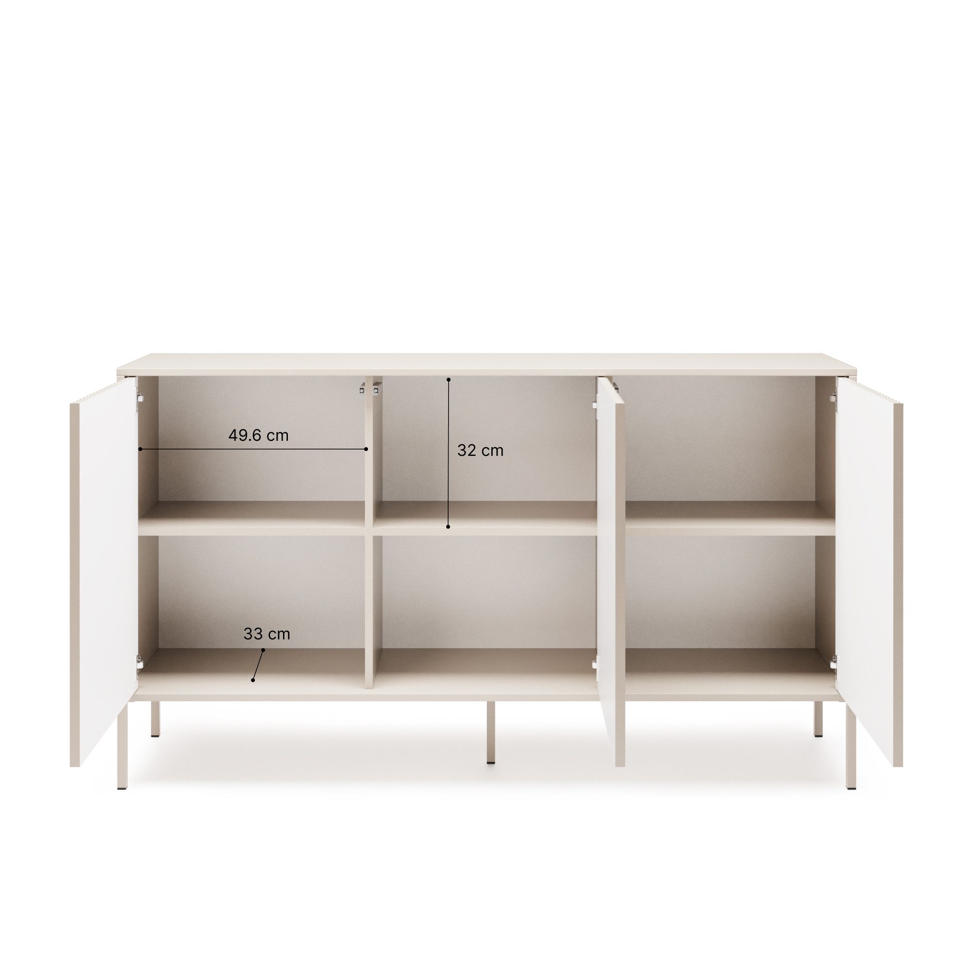 Beautysofa Kommode NOTO 150 cm im modernen Design mit geriffelten Fronten (Farbe Cashmere, mit 3 Türen Push-to-Open)