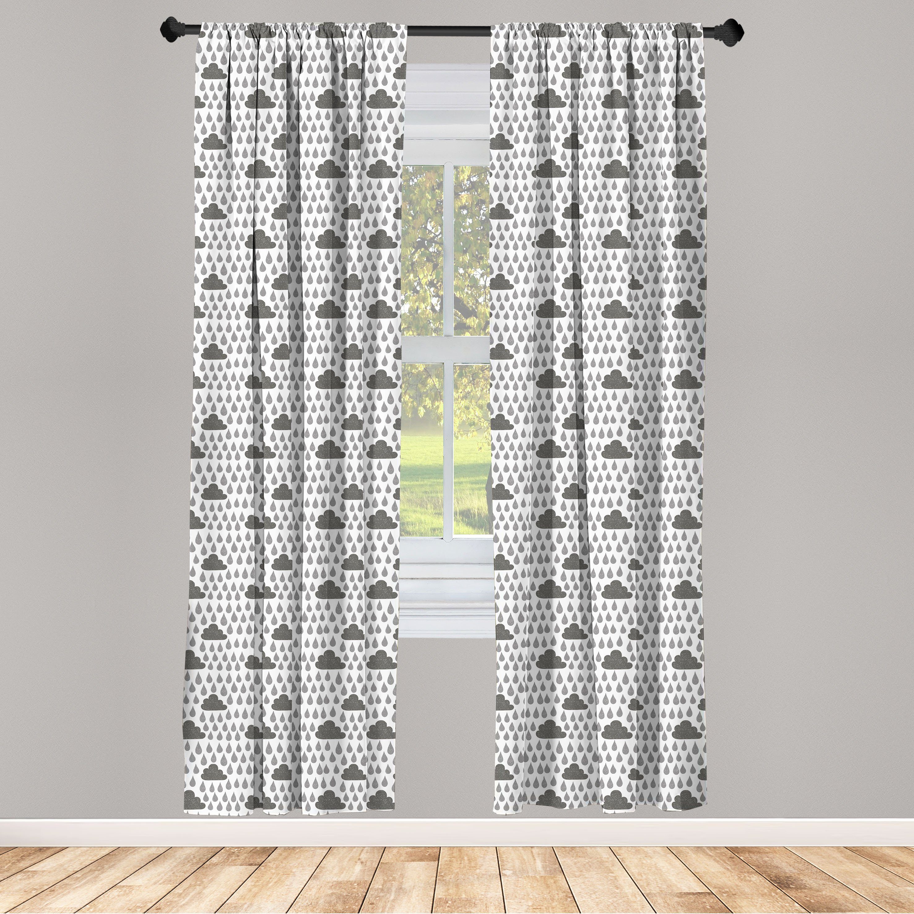 Gardine Vorhang für Wohnzimmer Schlafzimmer Dekor, Abakuhaus, Microfaser, Grau und Weiß Regentropfen Wolken Himmel