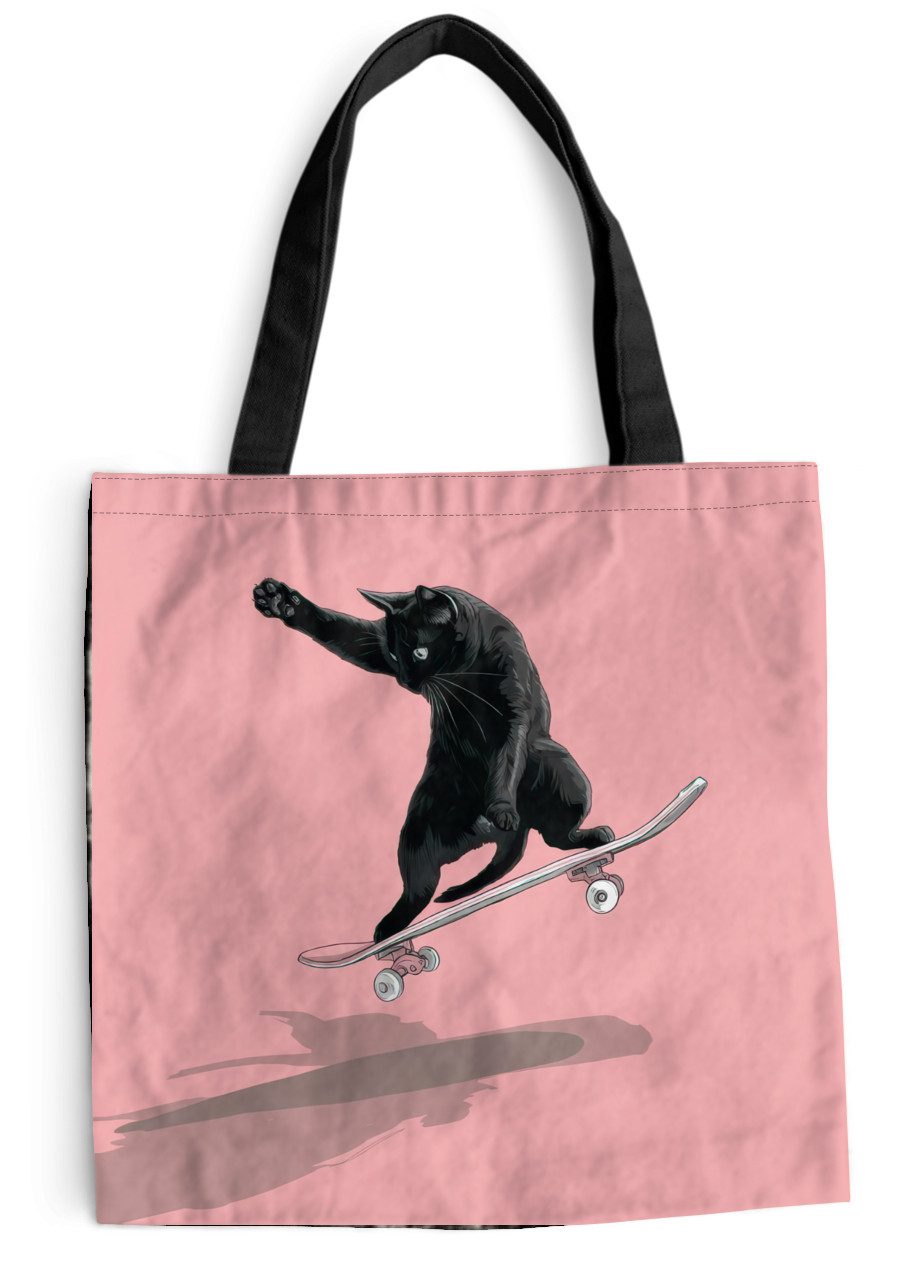 MuchoWow Shopper Katze - Skateboard - Rosa, Handtasche, Damen und Herren, Schultertasche, Umhängetasche, Tote Bag