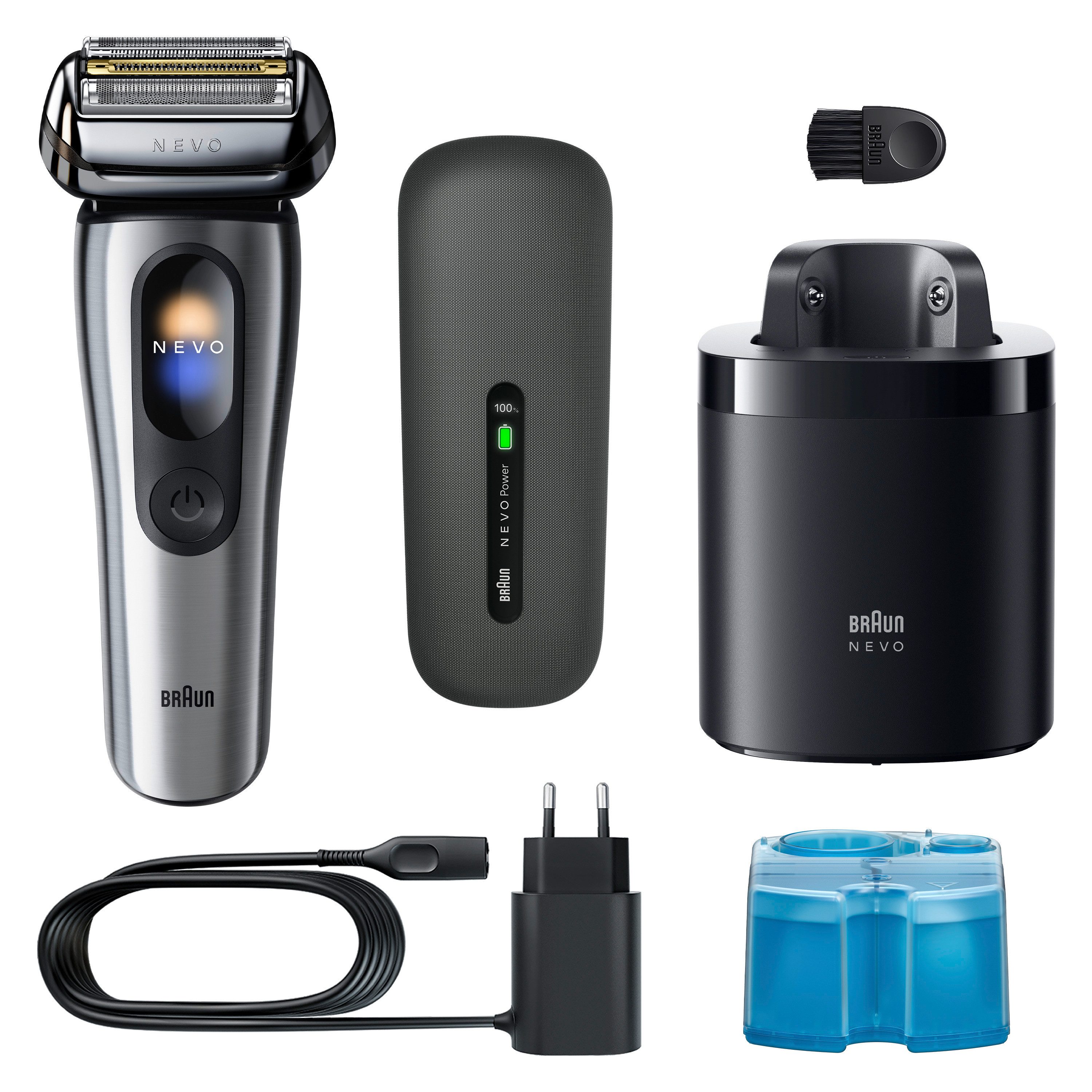 Braun Elektrorasierer NEVO 17000cc, SmartClean-Plus-Reinigungsstation, integrierter Präzisionstrimmer, AeroTouch, Smart Display, 7-in-1 Care System, Lade-Reiseetui, Silber