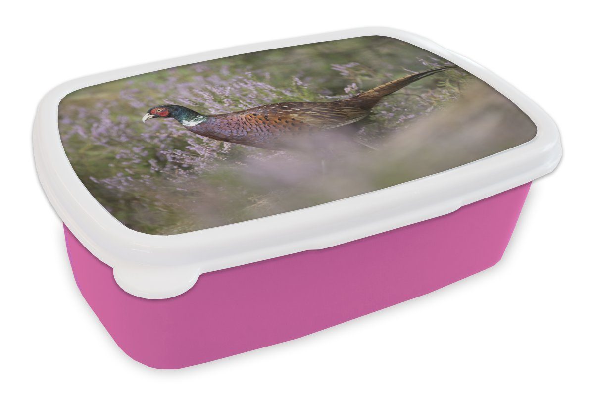 MuchoWow Lunchbox Fasan - Blumen - Gras, Kunststoff, (2-tlg), Brotbox für Erwachsene, Brotdose Kinder, Snackbox, Mädchen, Kunststoff rosa