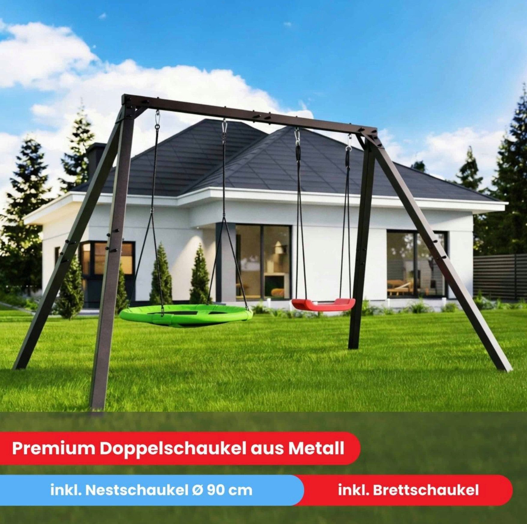 K-SPORT Doppelschaukel Premium Doppelschaukel aus Metall mit Nestschaukel & Brettschaukel