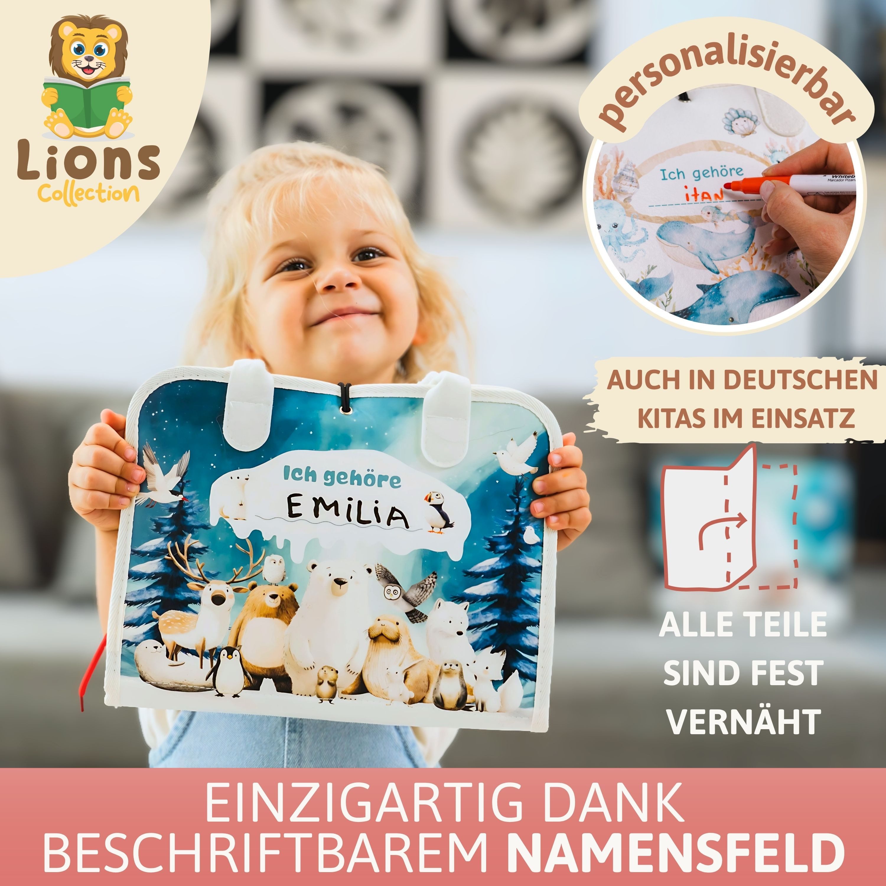 Lions Collection Lernspielzeug Busy Board Deutsch - vernäht - Montessori Spielzeug - Motorikmappe