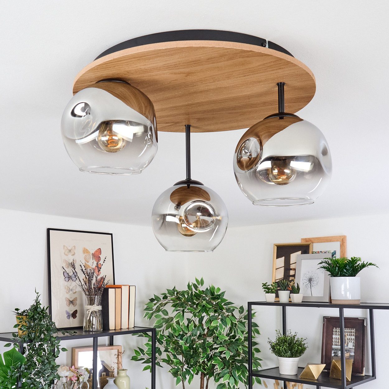 hofstein Deckenleuchte Deckenlampe aus Metall/Holz/Glas in Schwarz/Natur/Ch günstig online kaufen