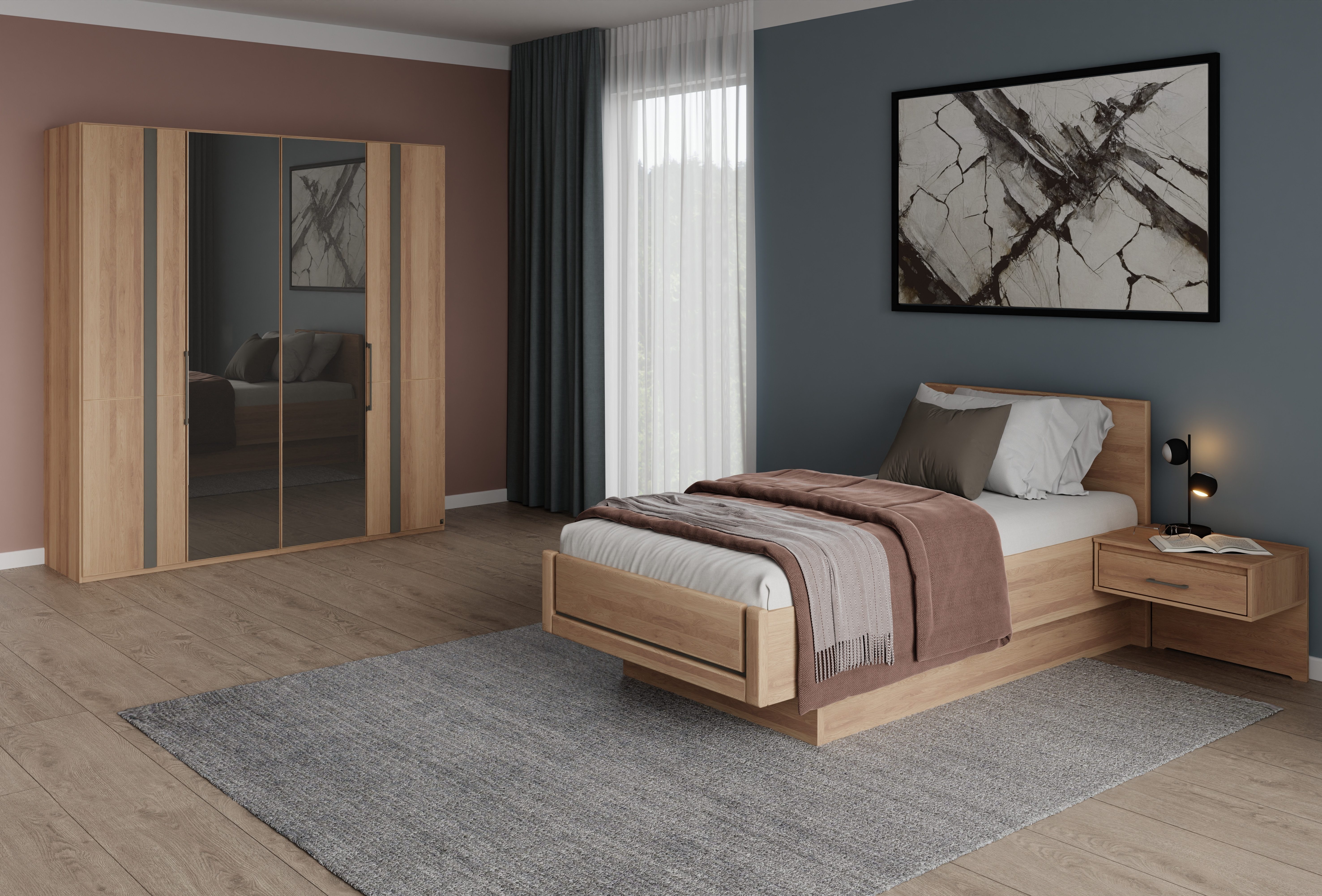 Musterring Schlafzimmer-Set Sorrent, Kleiderschrank, Bett & Nachtkommoden, teilmassiv Eiche, (2er-Set Nachtschränke, Drehtürenschrank 200 cm, Bett 100x200 cm), mit Dreh- und Falttüren, Schrankbreite 200cm, Bett schwebende Optik