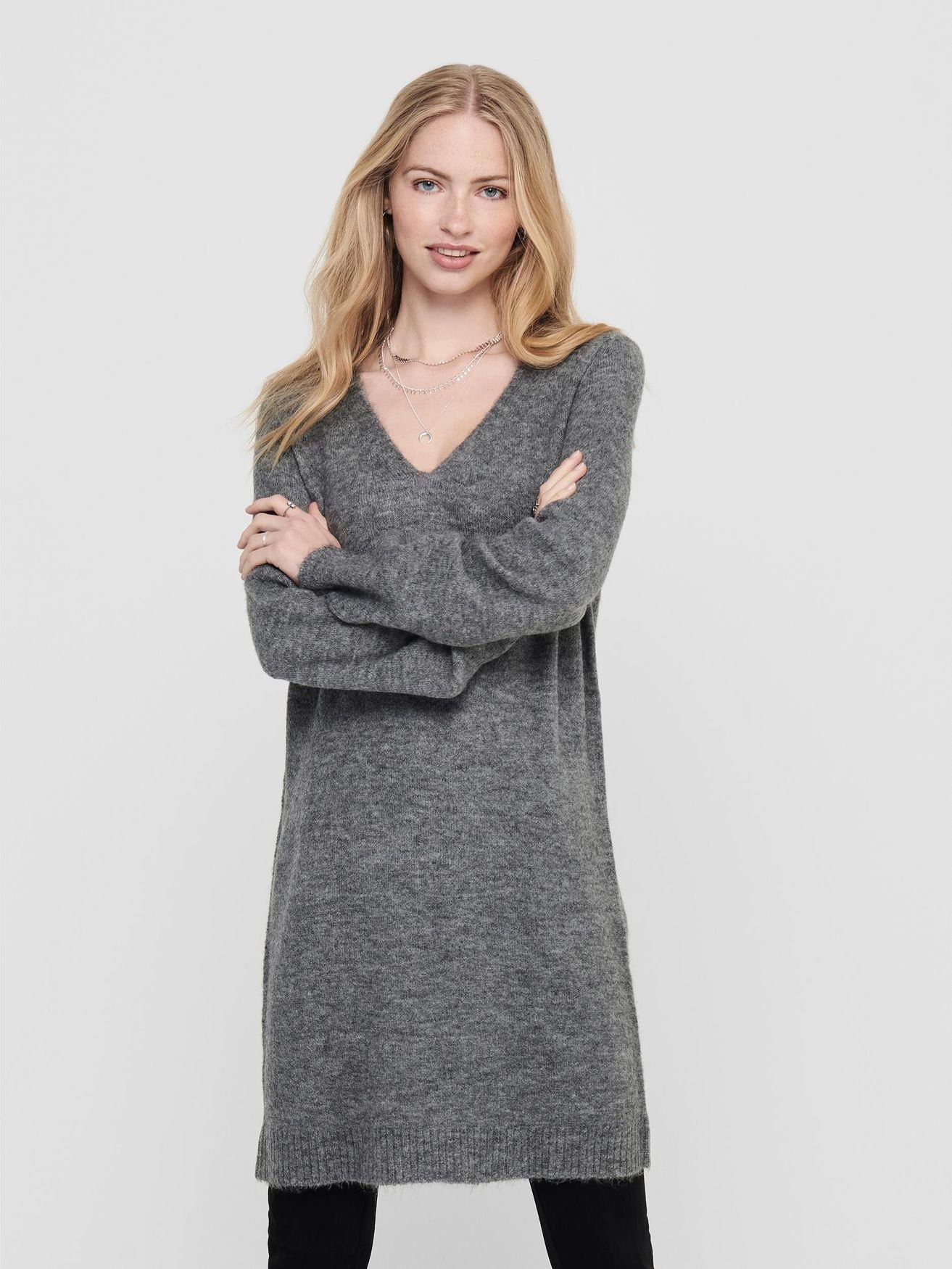 JACQUELINE de YONG Shirtkleid Langarm Strickkleid Mini V-Ausschnitt Pullover JDYELANORA (lang) 4472 in Dunkelgrau