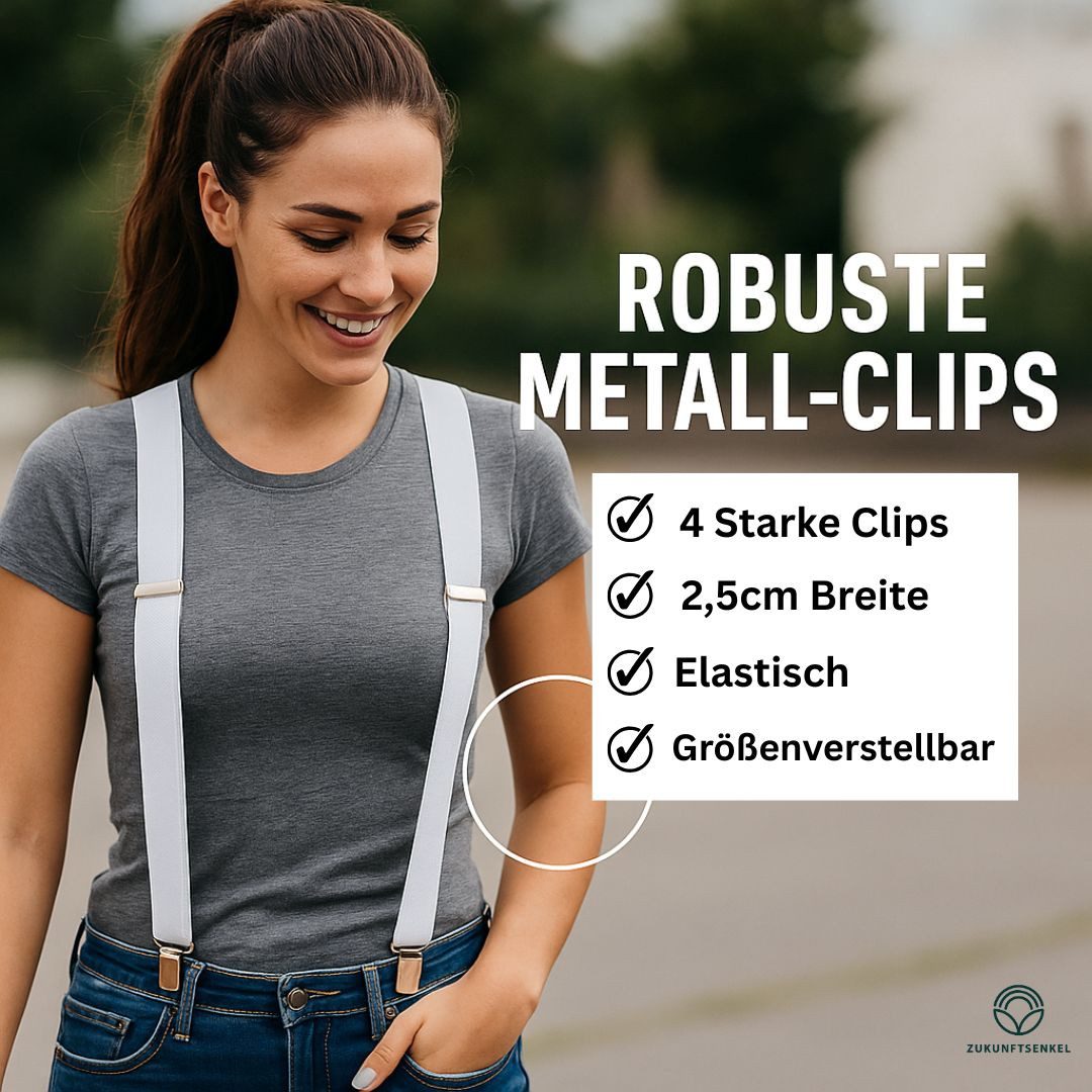 ZUKUNFTSENKEL Hosenträger Schmaler Hosenträger - Sicherer Halt Damen & Herren 2,5cm X-Form (Für Damen und Herren) 4 Starke Clips, Deutsche Herstellung, Elastisch