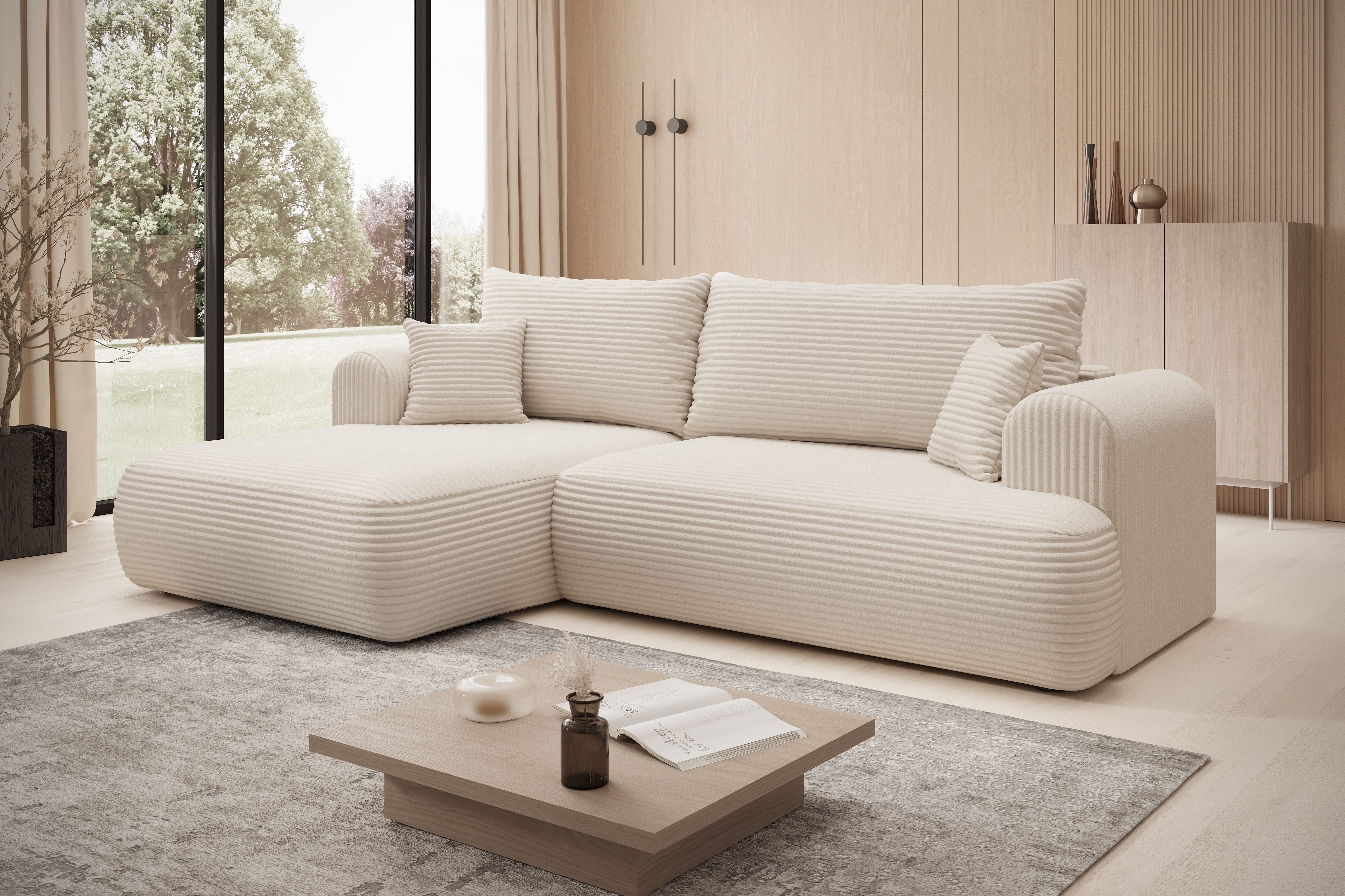 thematys Ecksofa mit Schlaffunktion und Bettkasten, Creme (Tilia 01)/beige, Bezug Tilia, links, links