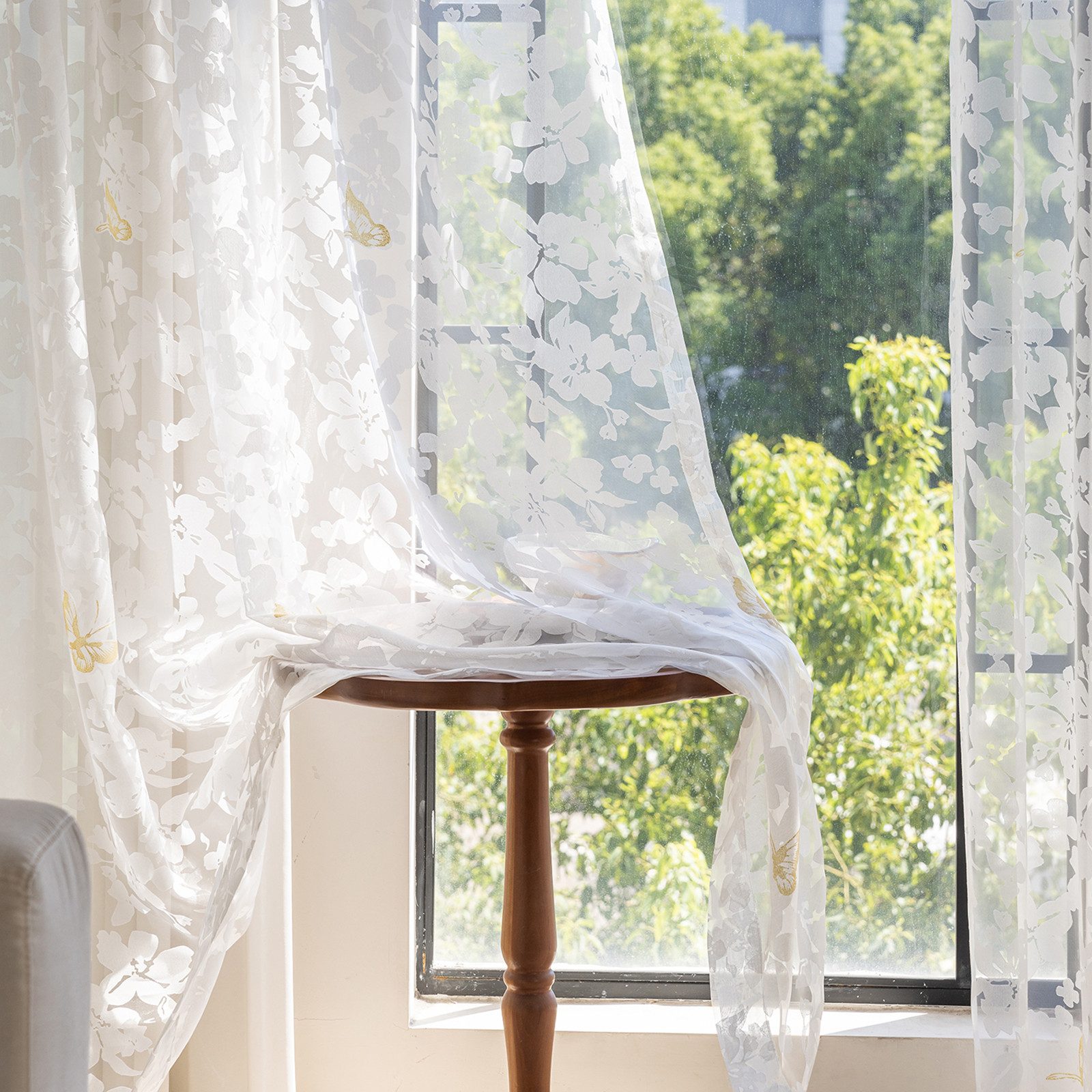 LMaxhome Vorhang Transparenter Vorhang 2er-Set, Voile Gardinen mit Blatt-Jacquard, Weißer Ösenvorhang aus Polyester für Wohn-, Schlaf- & Kinderzimmer