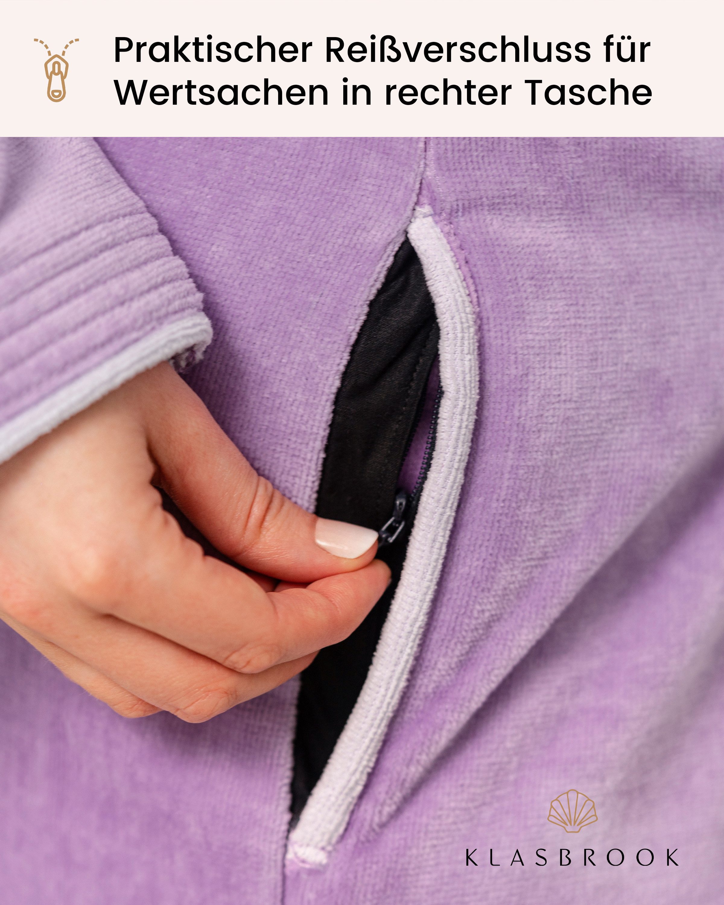 KLASBROOK Damenbademantel Lina, Kapuze, mit Kapuze aus 100% Baumwolle, Tasche mit Reißverschluss, flauschig