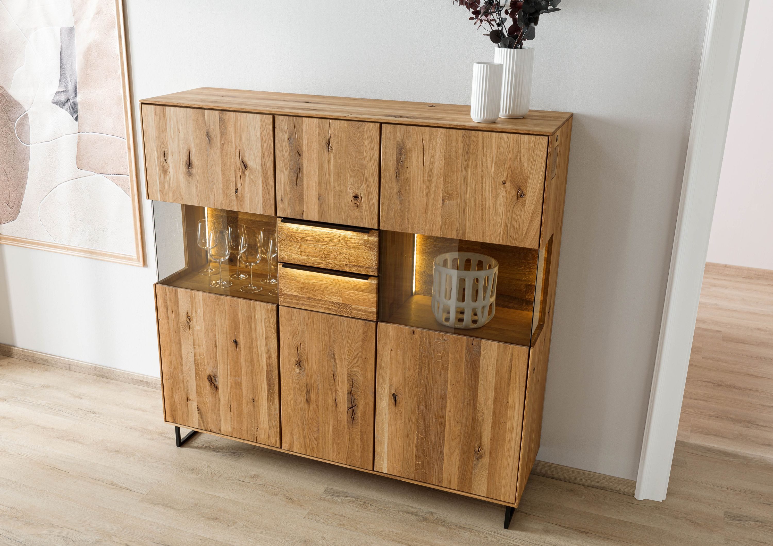 Massivmoebel24 Highboard WIEN (Massivholz), Wildeiche 148x43x144 natur geölt WIEN #226