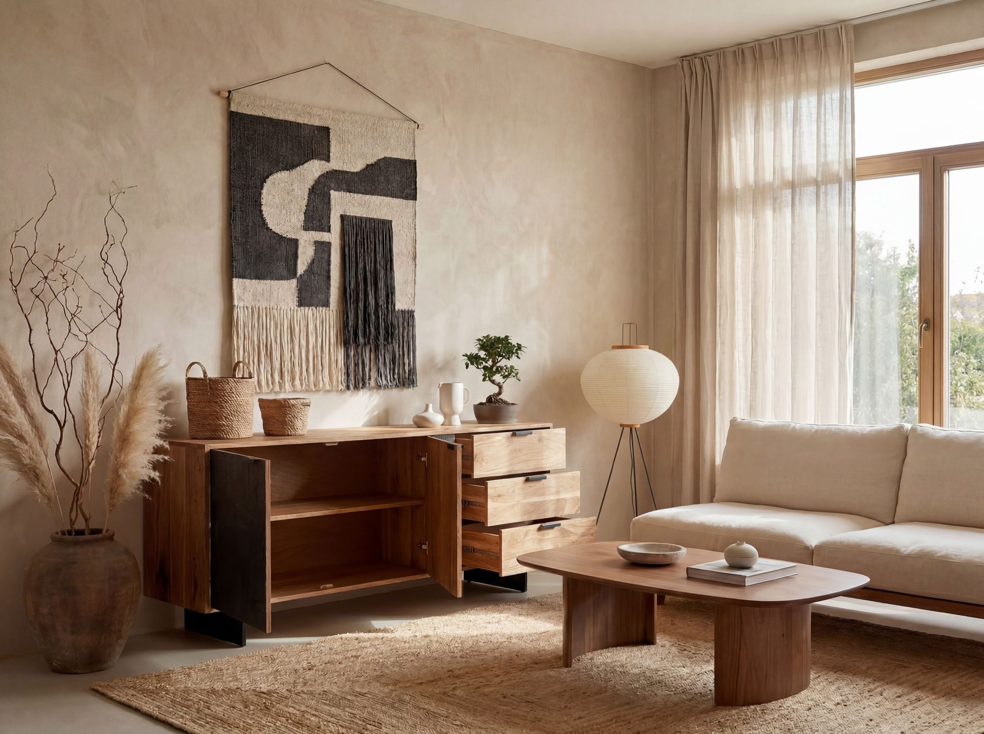 FINEBUY Sideboard FB109846 175 cm Massivholz Steinoptik Kommode Anrichte Türen (175 cm Massivholz Braun, Kommode Steinoptik), Anrichte Modern, Standschrank Türen & Schubladen