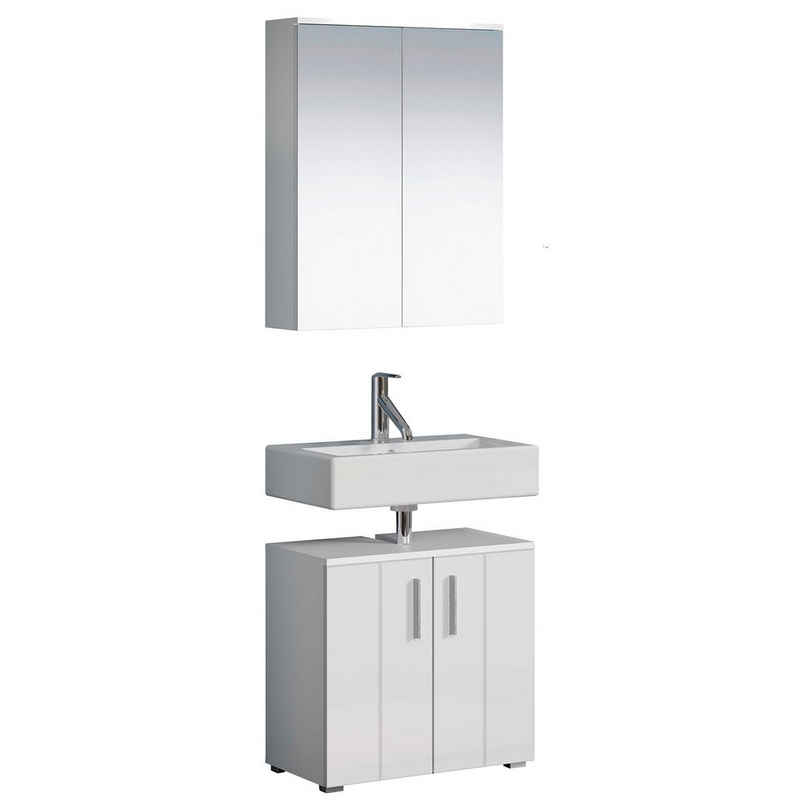 trendteam Badmöbel-Set, Badezimmermöbel-Set Waschbeckenunterschrank Spiegelschrank in Weiß