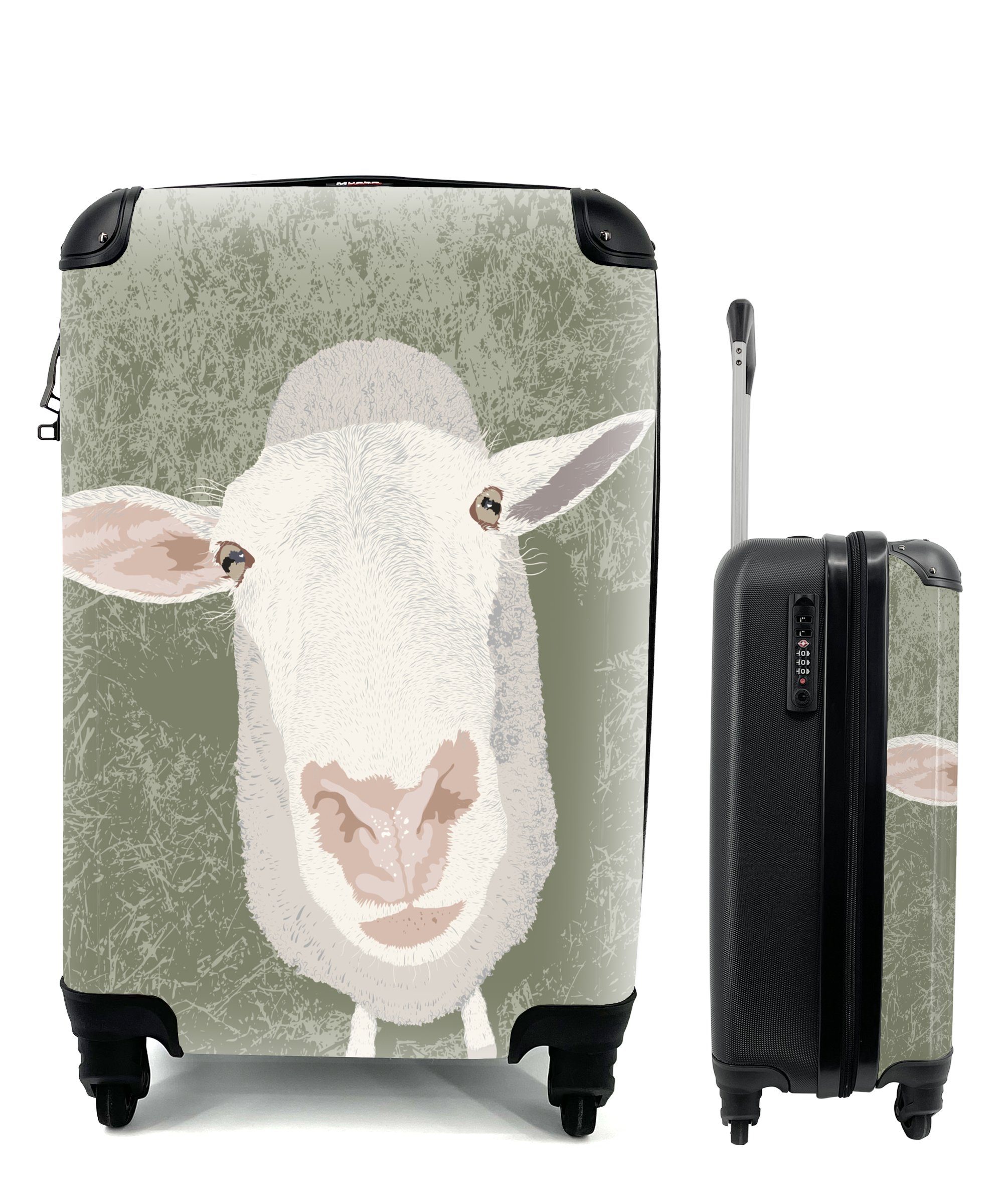 MuchoWow Handgepäckkoffer Eine Rollen, Illustration das Ferien, Schafes, eines Reisekoffer 4 mit für Trolley, nach rollen, oben Handgepäck schaut, Reisetasche