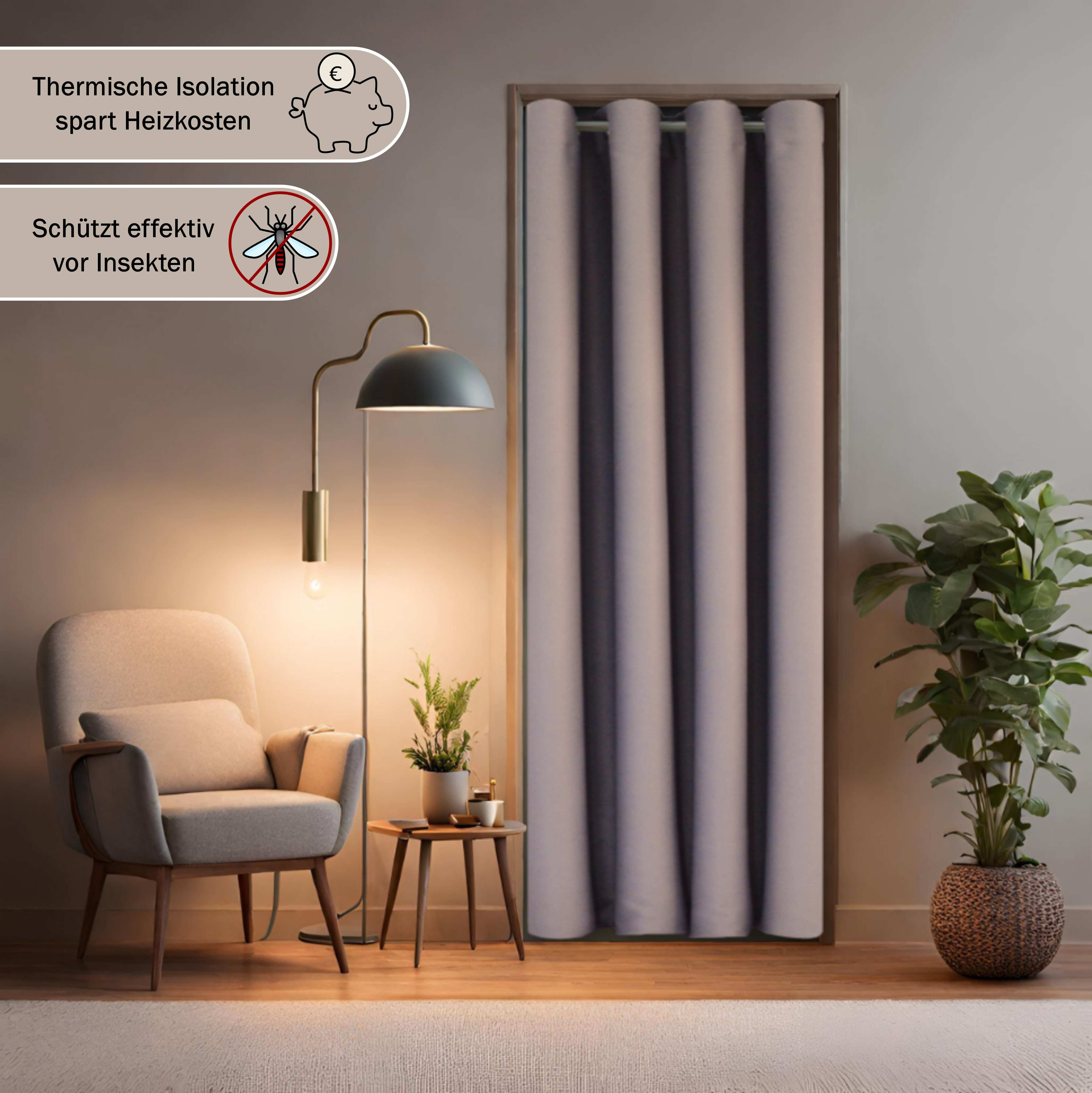 silber Tür, Polyester, Klemmstange (Moonlight) Türvorhang mit ohne Moonlight, tinycurtains, Vorhang blickdicht, cm Hellgrau Thermo hellgrau Ösen, 55-90 Türgardine Bohren, Stange verdunkelnd mit abdunkelnd,