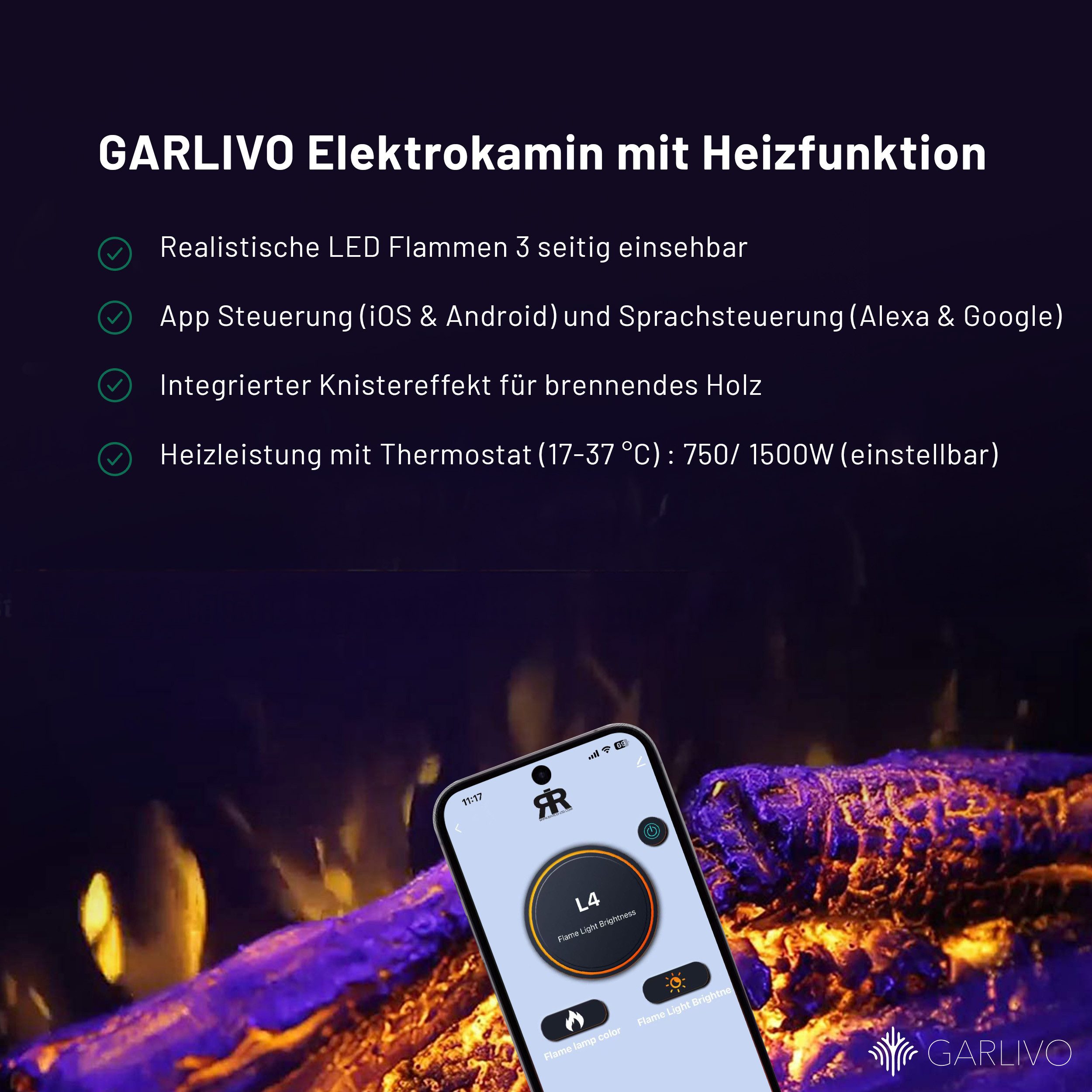 GARLIVO Elektrokamin Napoli, täuschend echte Flamme mit Heizung und Knistereffekt