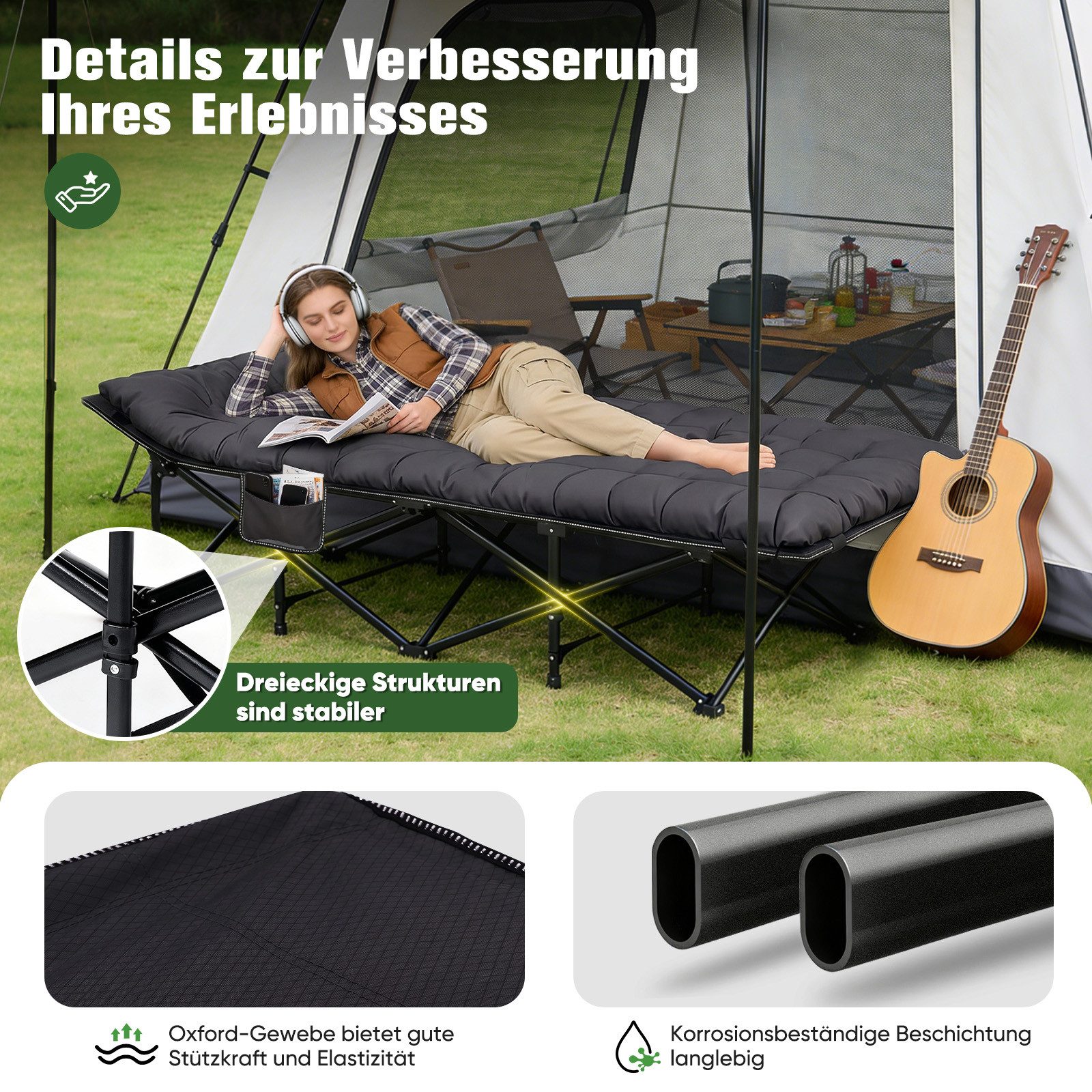 Sekey Klappbett 202 x 80 cm Extra Breit Feldbett XXL Campingbett Klappbar mit Matratze Faltbares Klappbett mit Seitentasche, 600D Oxford-Gewebe, bis 200 kg