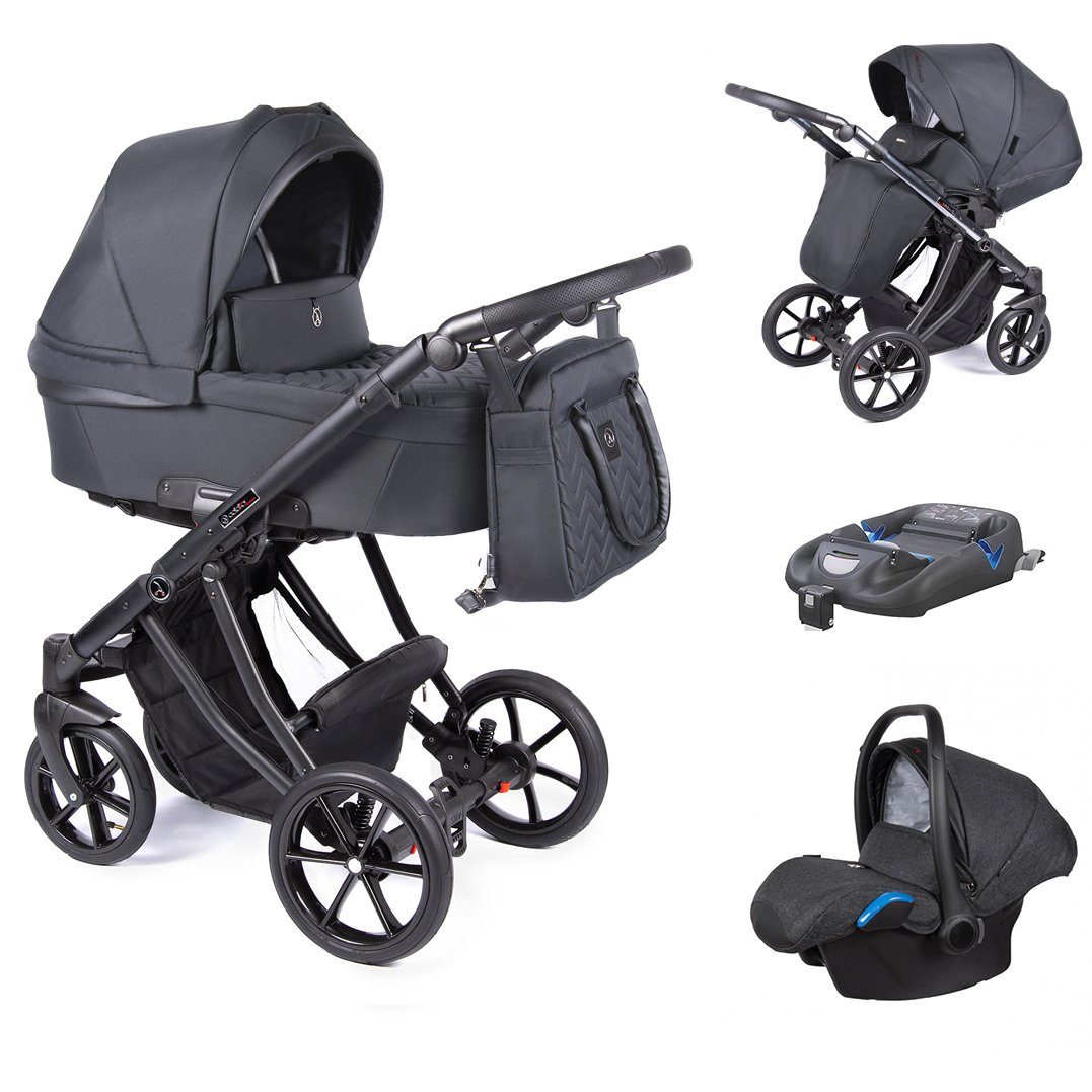 babies-on-wheels Kombi-Kinderwagen 4 in 1 Kinderwagen-Set Dante - 14 Teile - in 16 Farben Grau = Gestell schwarz
