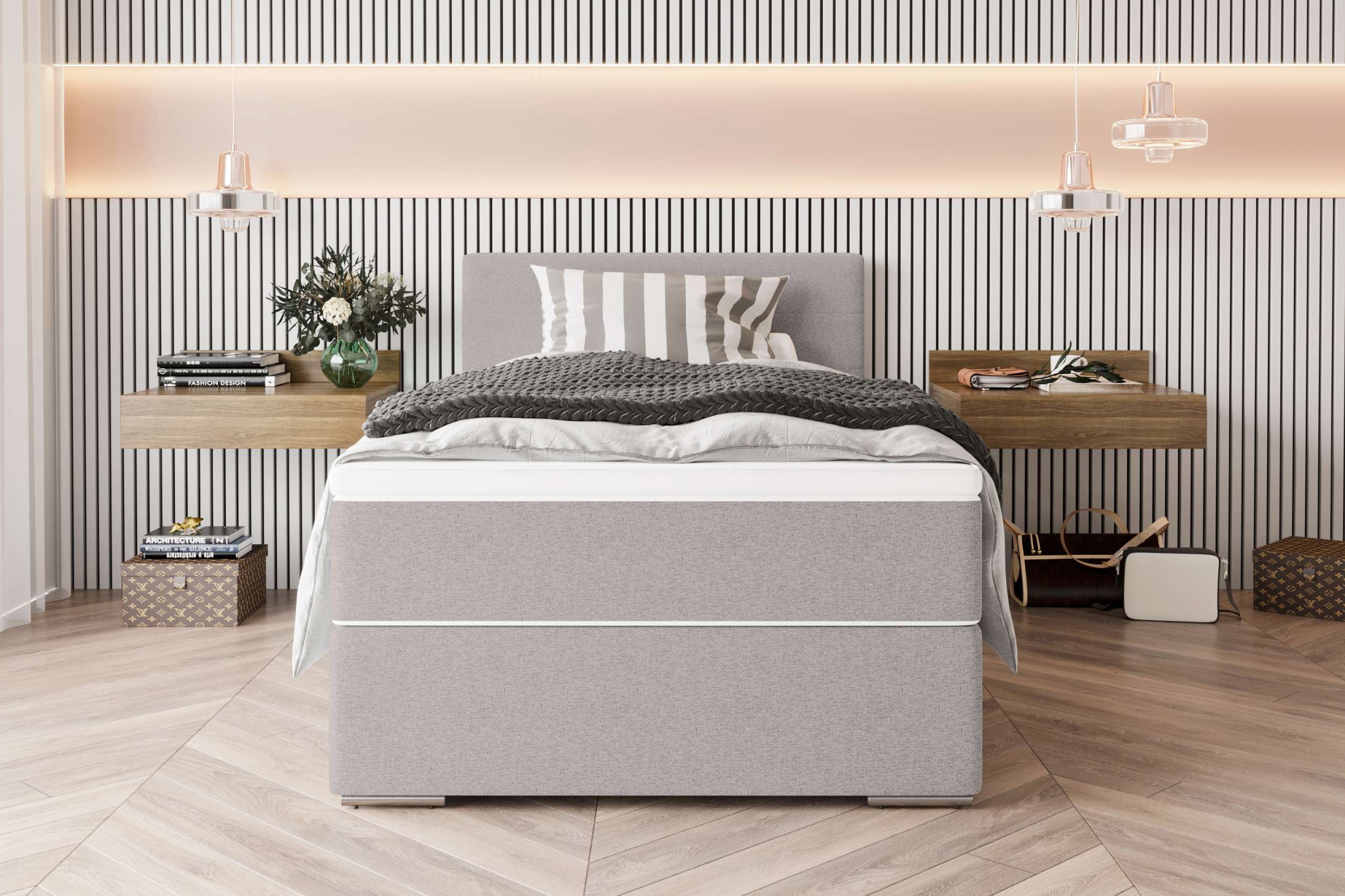 99rooms Boxspringbett Phönix Mini (Schlafzimmerbett, Bett), mit Taschenfederkernmatratze und Topper, in Webstoff MALMO_NEW