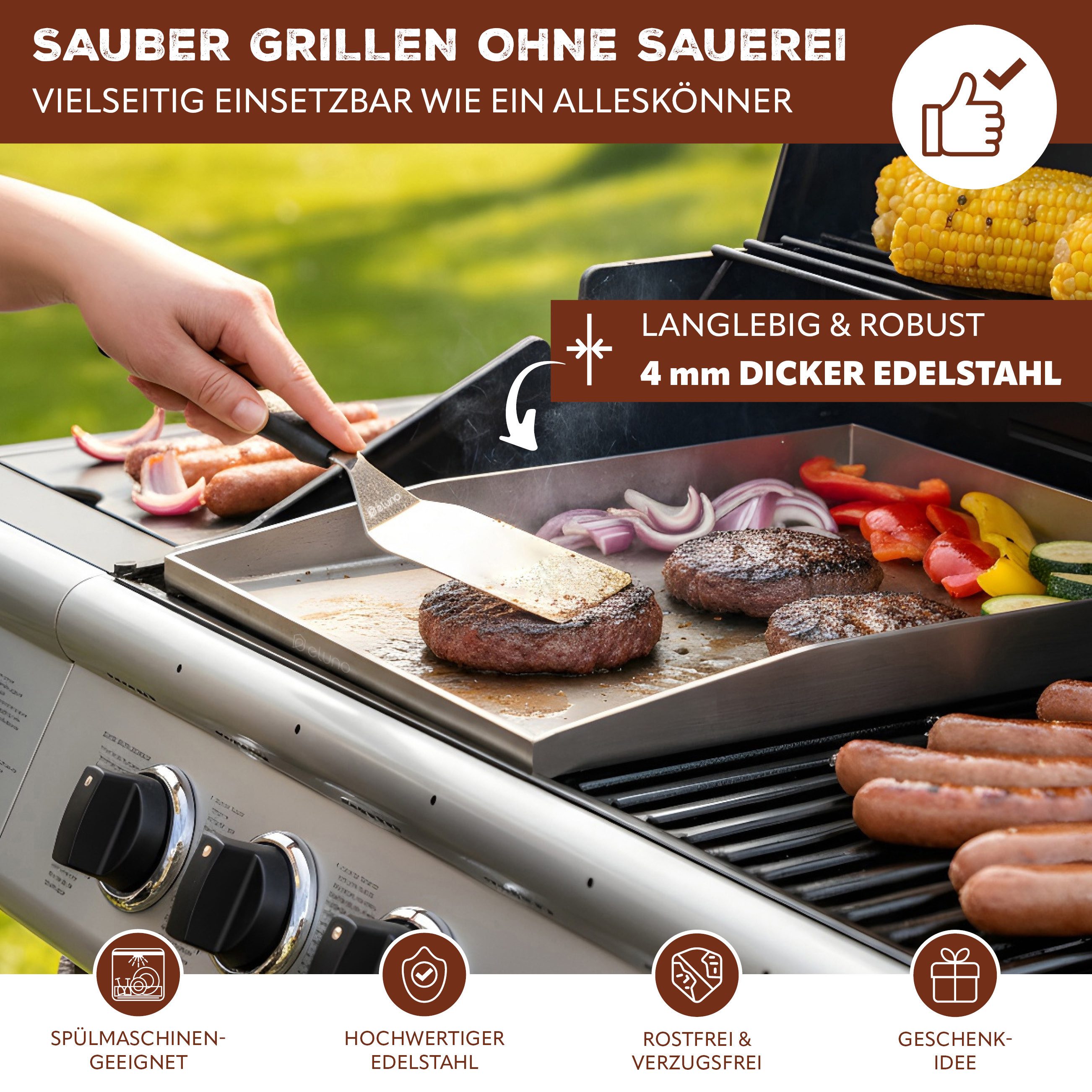 eluno Grillplatte Plancha-Set aus Edelstahl (4-St., 1x Plancha-Platte, 1x Grillwender, 1x Grillspachtel, 20x Burger-Papier), zwei Ablauflöcher in der Plancha-Pl – Bild 2 von 5