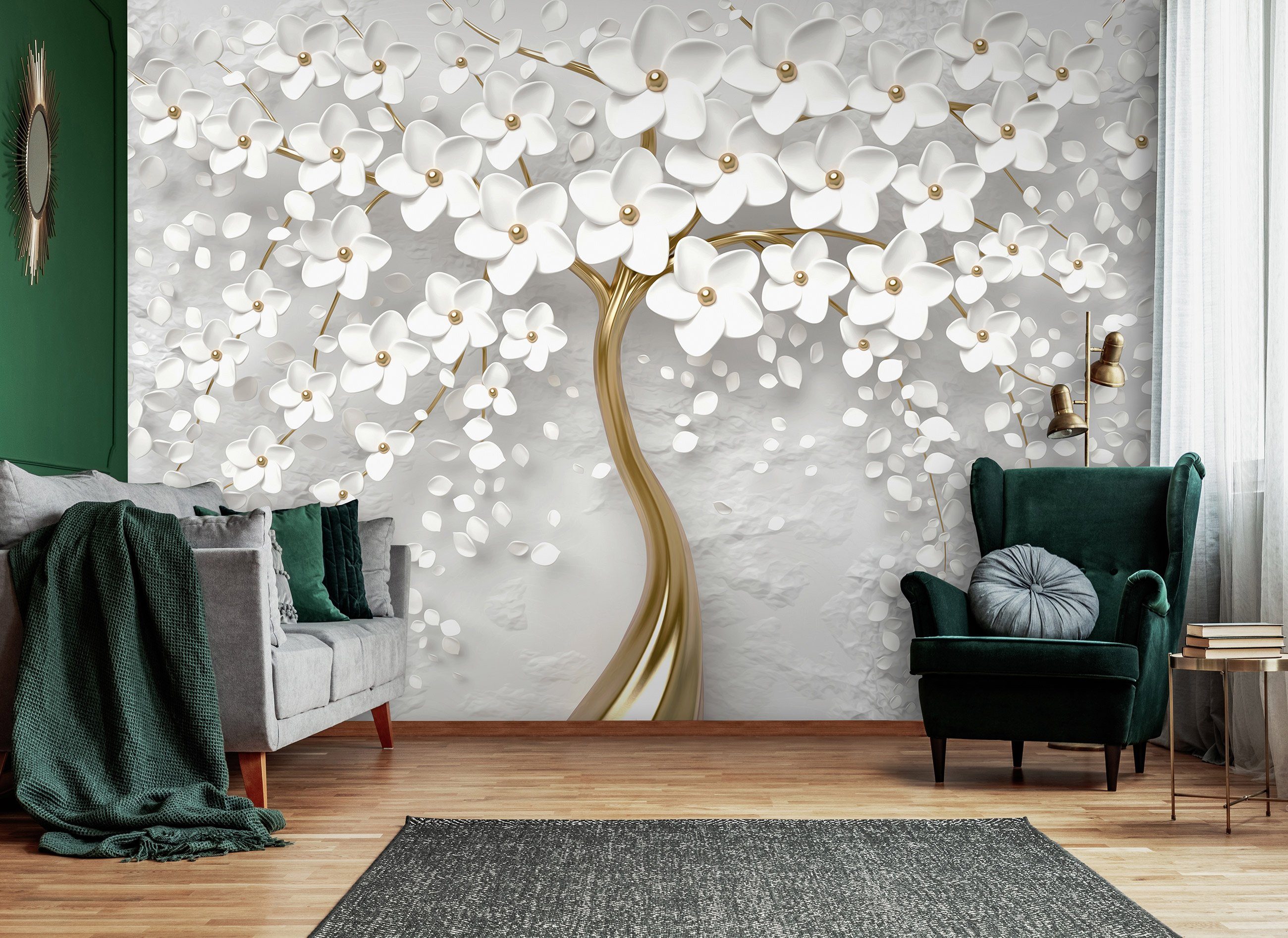 Baum Gold Kleister 3D Tapete inklusive Vliestapete für Schlafzimmer Wandtapete Motivtapete, Vlies Fototapete Glatt, Wohnzimmer Blumen Vliestapete Wallarena Blumen, EFFEKT oder Magnolie