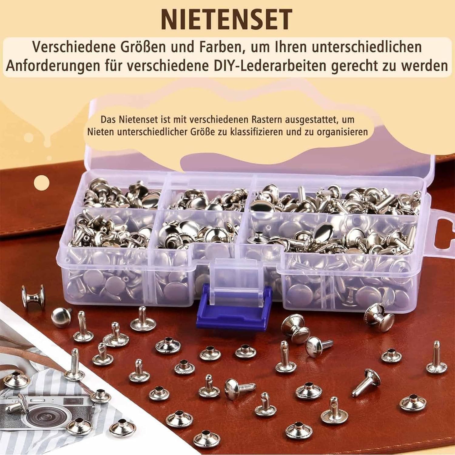 FELIXLEO Niete Ledernieten Silber 3 Größen Doppelkappe Hohlnieten Basteln, (2 St)