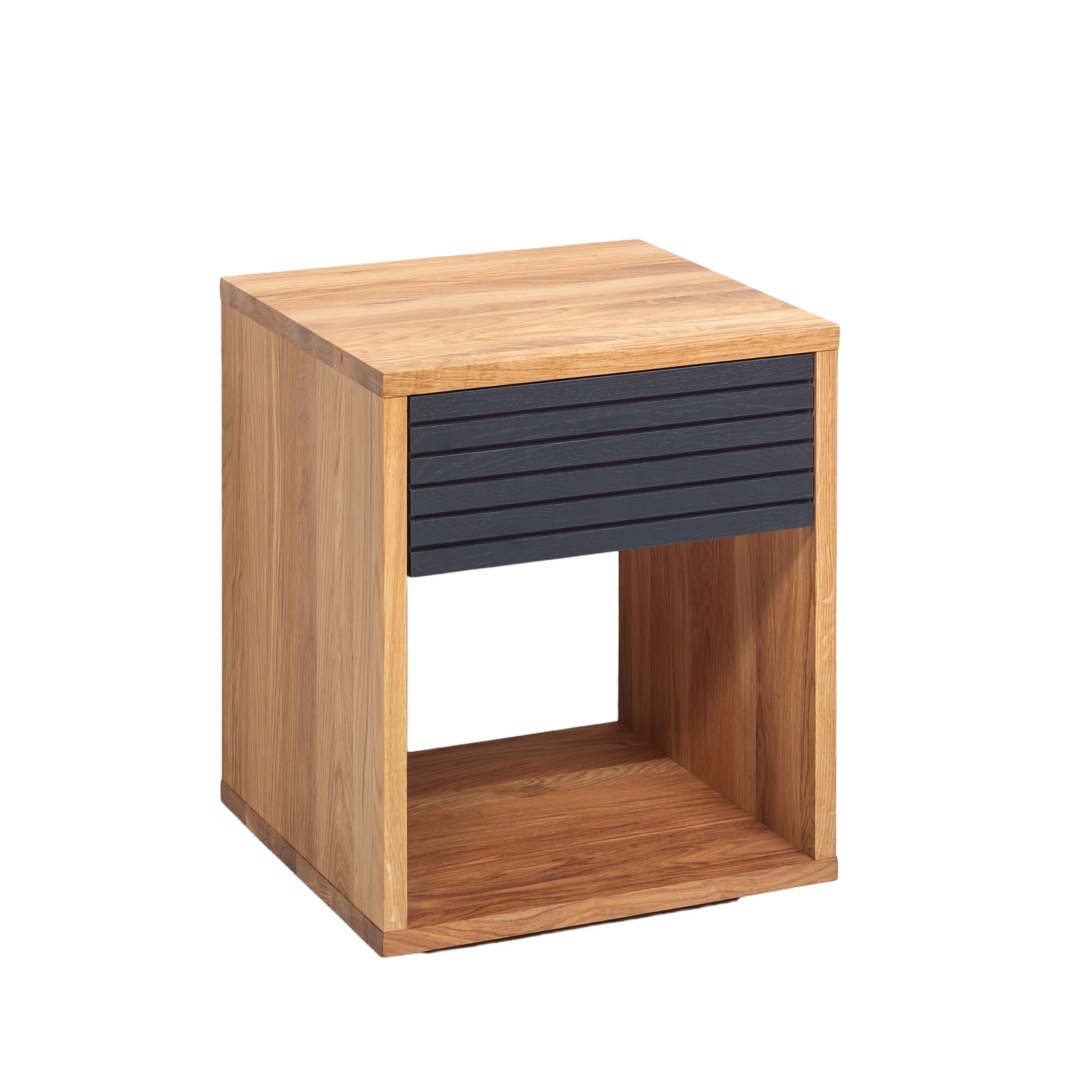 Woodek Design Nachttisch Emma, aus massiver Eiche mit schwarzer Schublade, H50 x B40 x T38 cm (griffloser und kompakter Beistelltisch, 1-St., funktionale Nachtkonsole), moderner Nachtschrank mit Regal