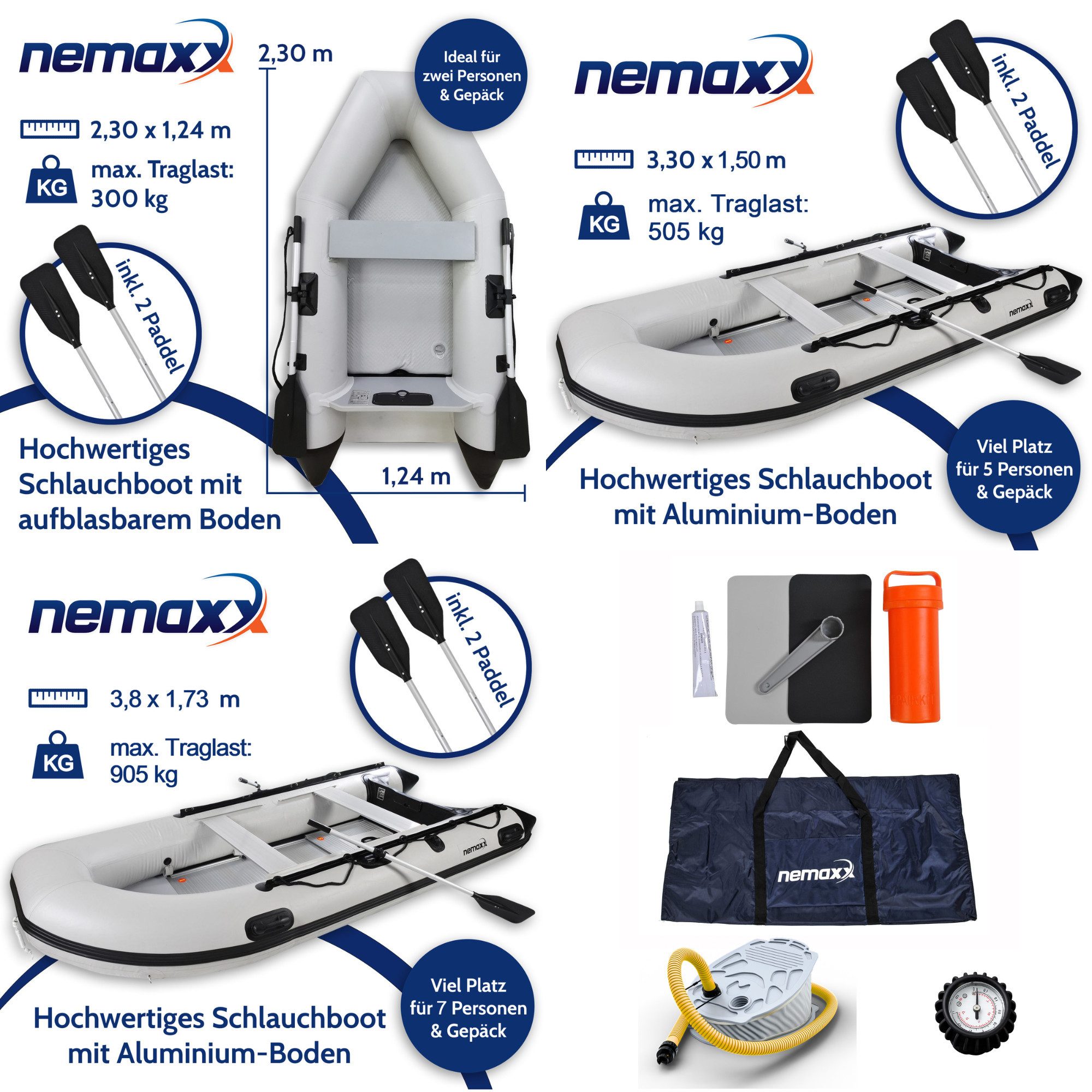 NEMAXX Schlauchboot Paddelboot Angelboot Ruderboot 230/330/380 cm Komplettset 2/5/7 Pers., (Kategorie C, motorisierbar, bis zu 905 kg Traglast, inkl. Komplettset), Luftboden/Aluboden,Heckspiegel, Halteleine, Tragegriffe, Paddelhalter