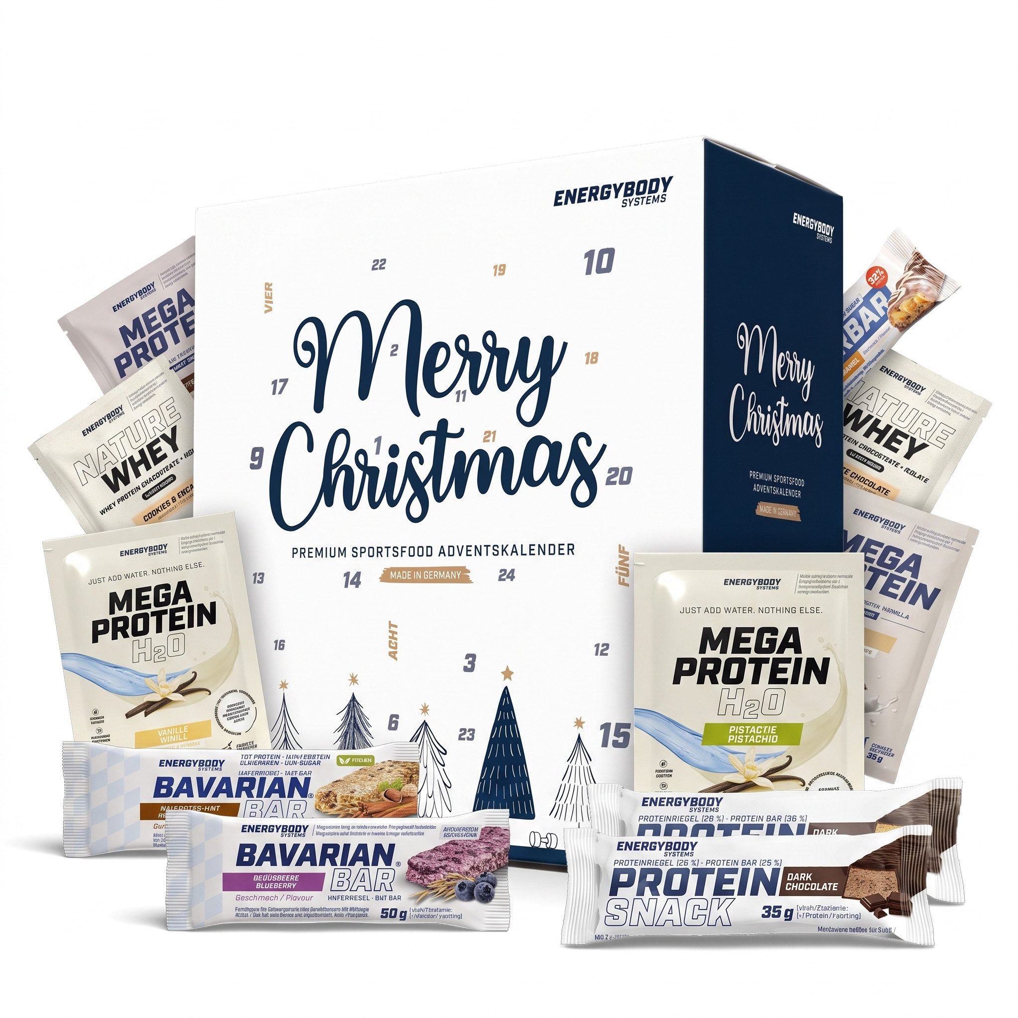 Energybody Systems Lebensmittel-Adventskalender 2026 – 26x Riegel & Whey Pulver