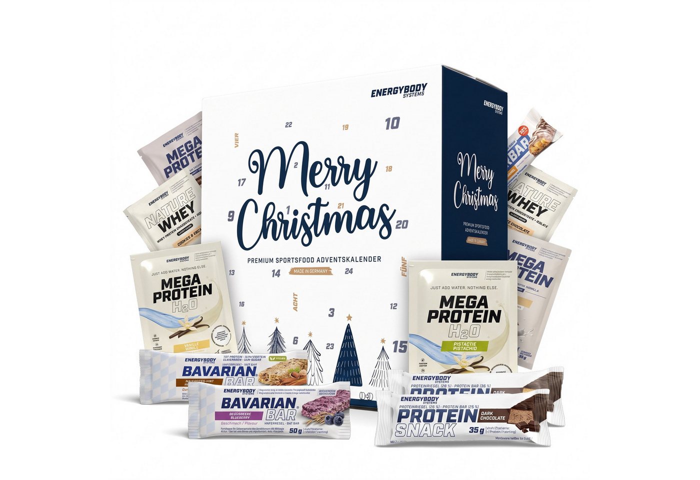 Energybody Systems Lebensmittel-Adventskalender 2026 – 26x Riegel & Whey Pulver
