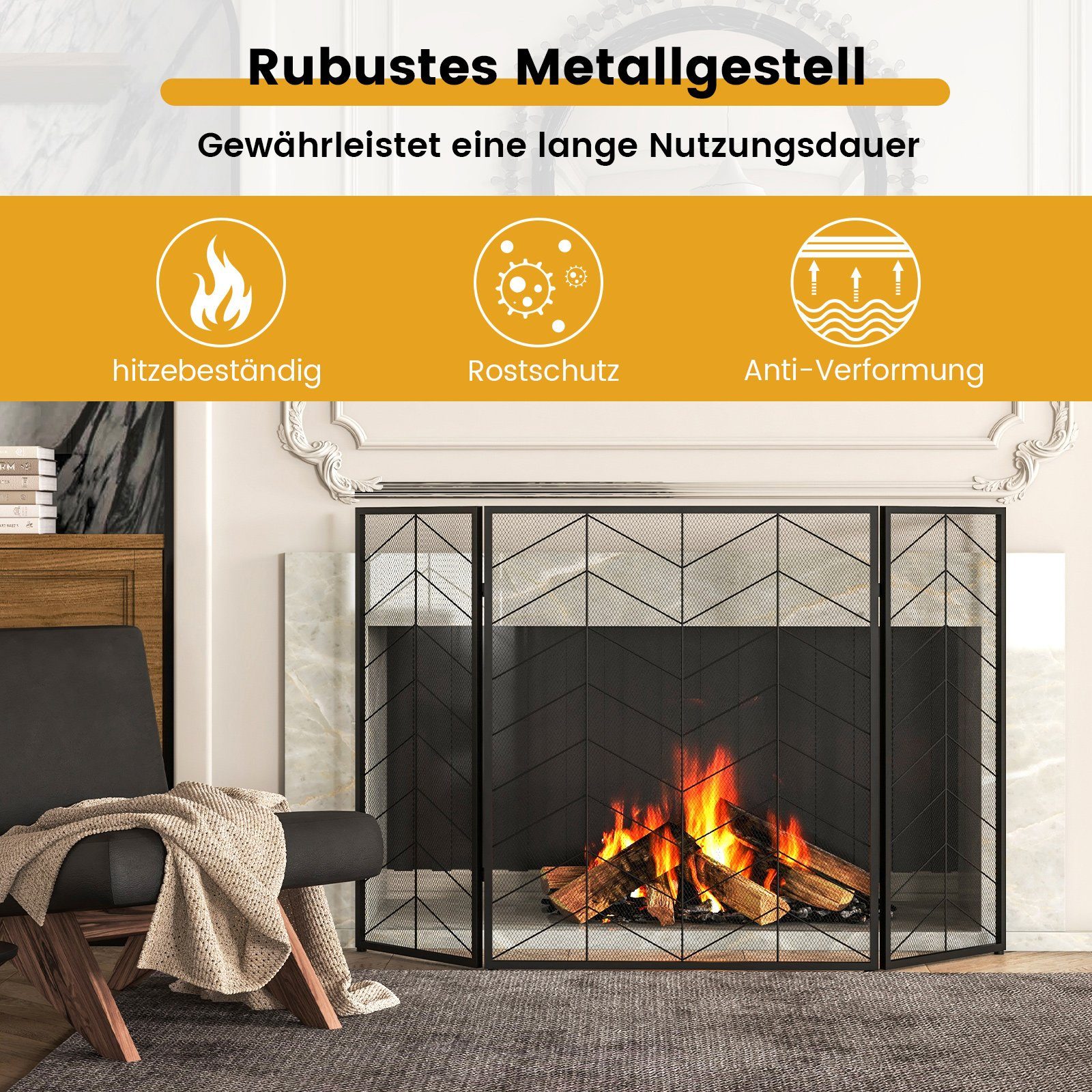 COSTWAY Kamingitter, Kaminschutzgitter, 3-teilig, faltbar, Metall, 132x79cm