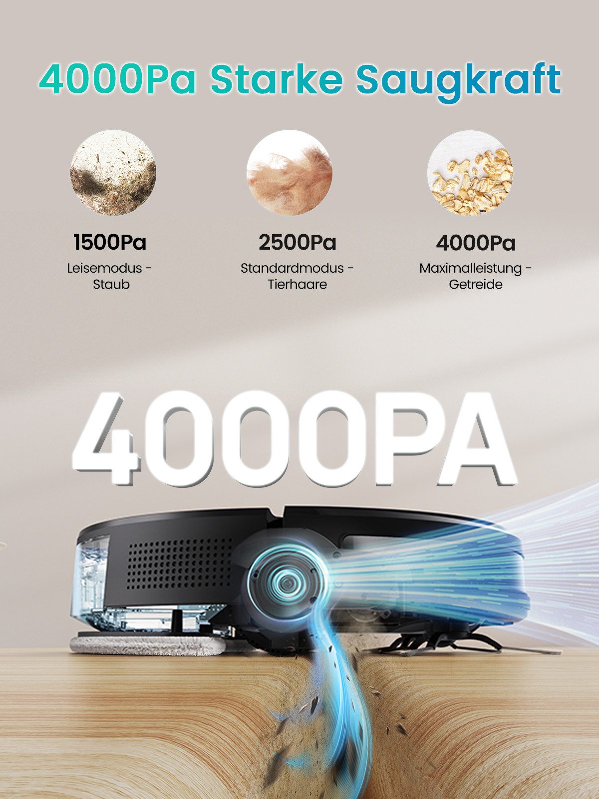 Vactidy Saugroboter W7 3-in-1 Saugroboter mit Wischfunktion, 4000Pa/120Min, beutellos, mit Wischfunktion, 4000Pa/120Min, 3.2kg