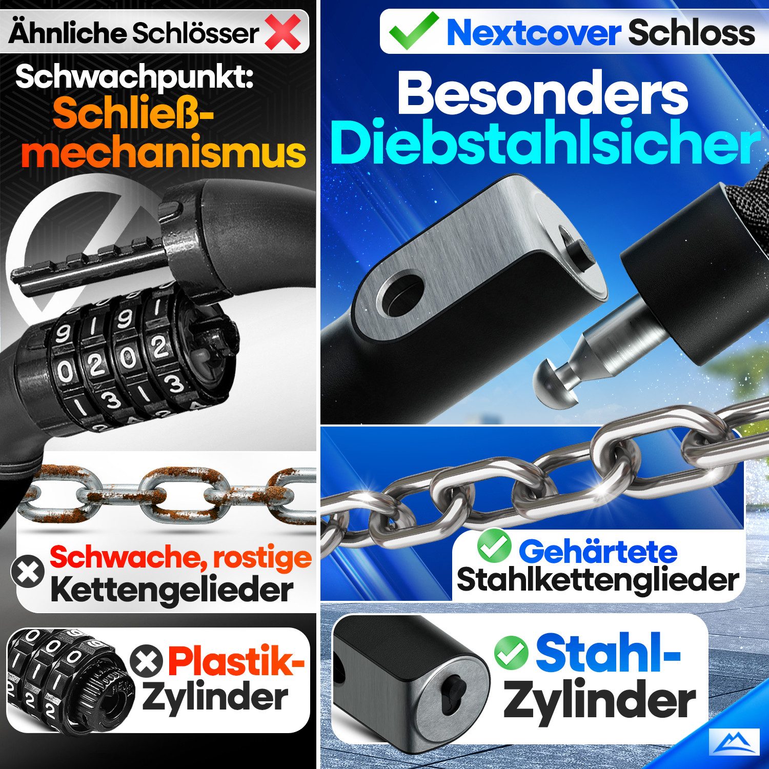 Nextcover Kettenschloss NEXTCOVER® Fahrradschloss LockOne mit Zahlencode oder Schlüssel