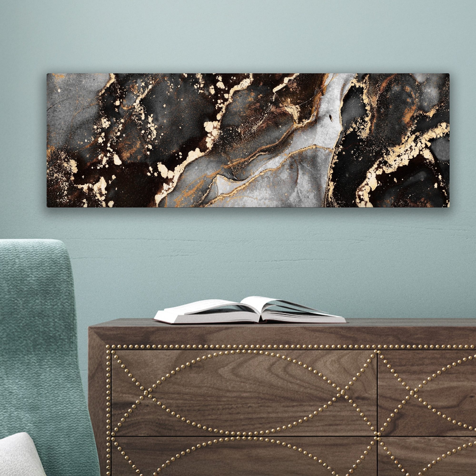 OneMillionCanvasses® Leinwandbild Panorama Marmor - Gold - Glitzer - Luxus, Fotodruck (1 St), Wandbild, Deko Schlafzimmer Wohnzimmer Flur 60x20 cm – Bild 5 von 5