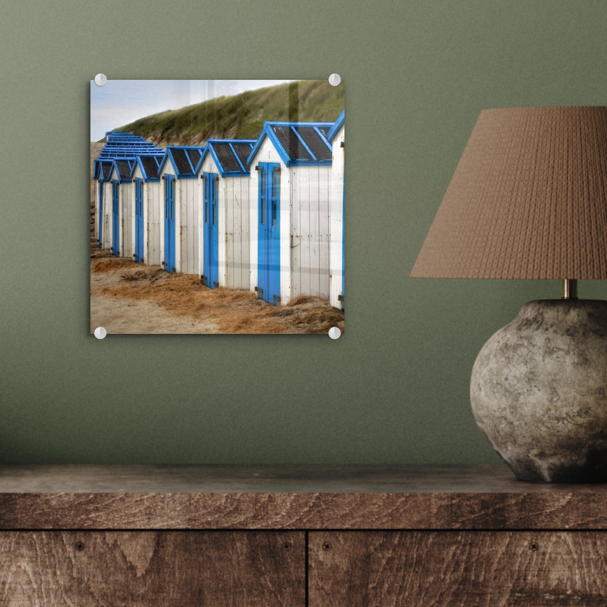 MuchoWow Acrylglasbild Blaue und - Glas St), Strandhütten, Glasbilder Wandbild Foto Glas - auf Wanddekoration auf (1 - Bilder weiße
