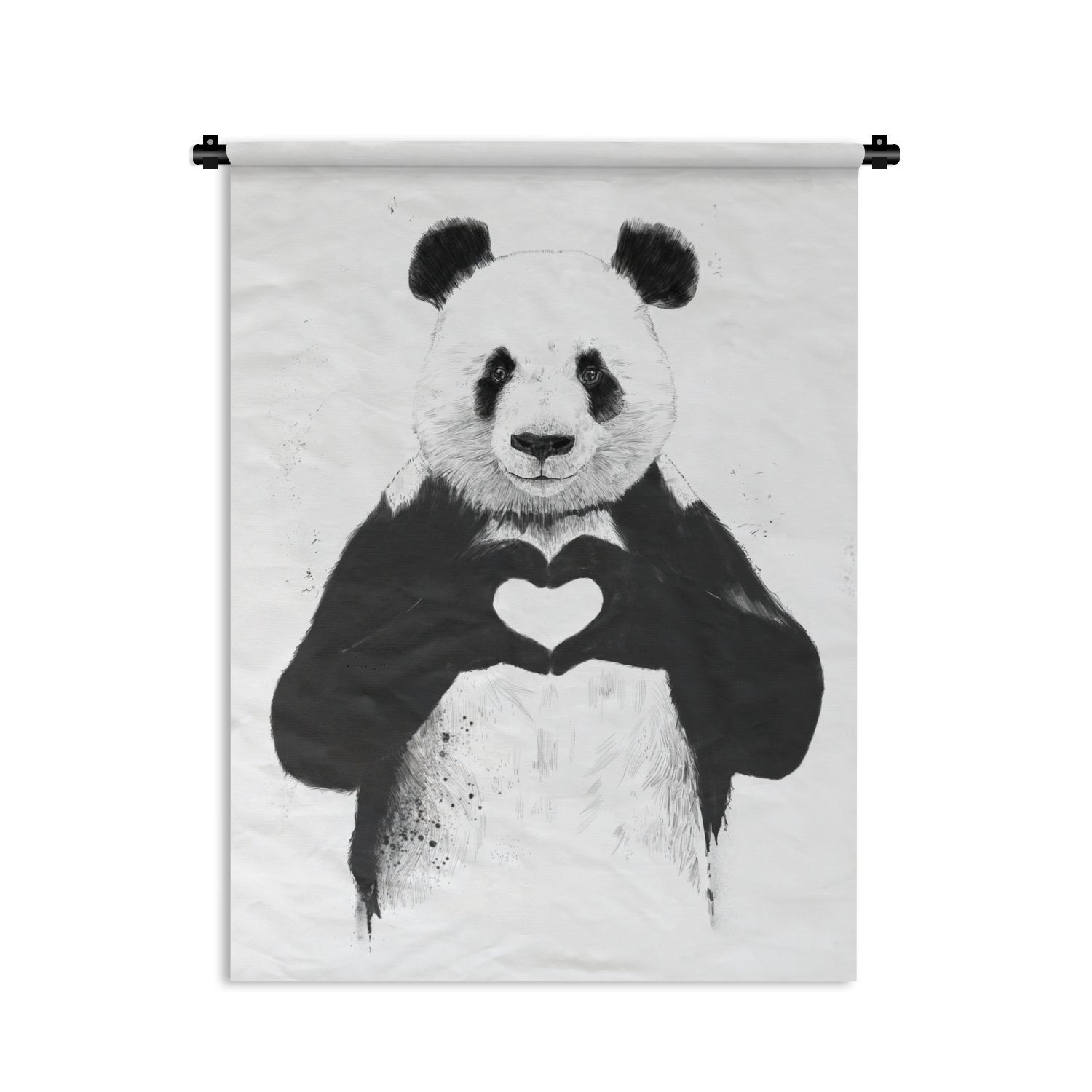 MuchoWow Wanddekoobjekt Panda - Herz - Tiere - Liebe, Deko für an der Wand, Wohnzimmer, Tapisserie, Schlafzimmer