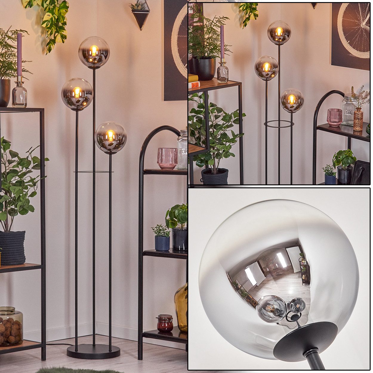 Stehlampe Stehlampe aus Metall/Glas in Schwarz/Chrom-/Rauchfarben/Klar