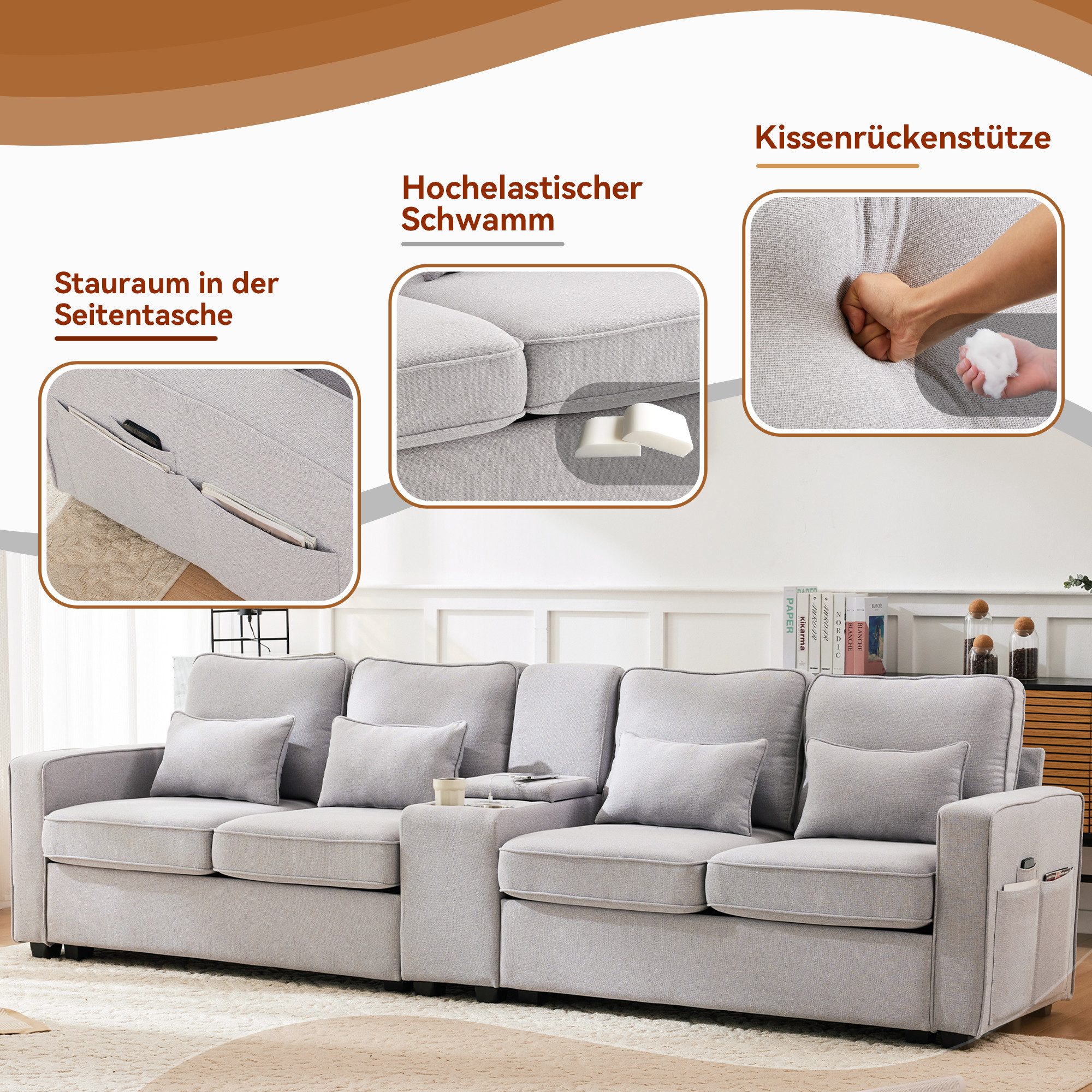 Merax 4-Sitzer mit Seitentaschen und Getränkehälter, XXL-Sofa mit USB,Chaiselounge,Polstermöbel mit Zierkissen – Bild 5 von 5