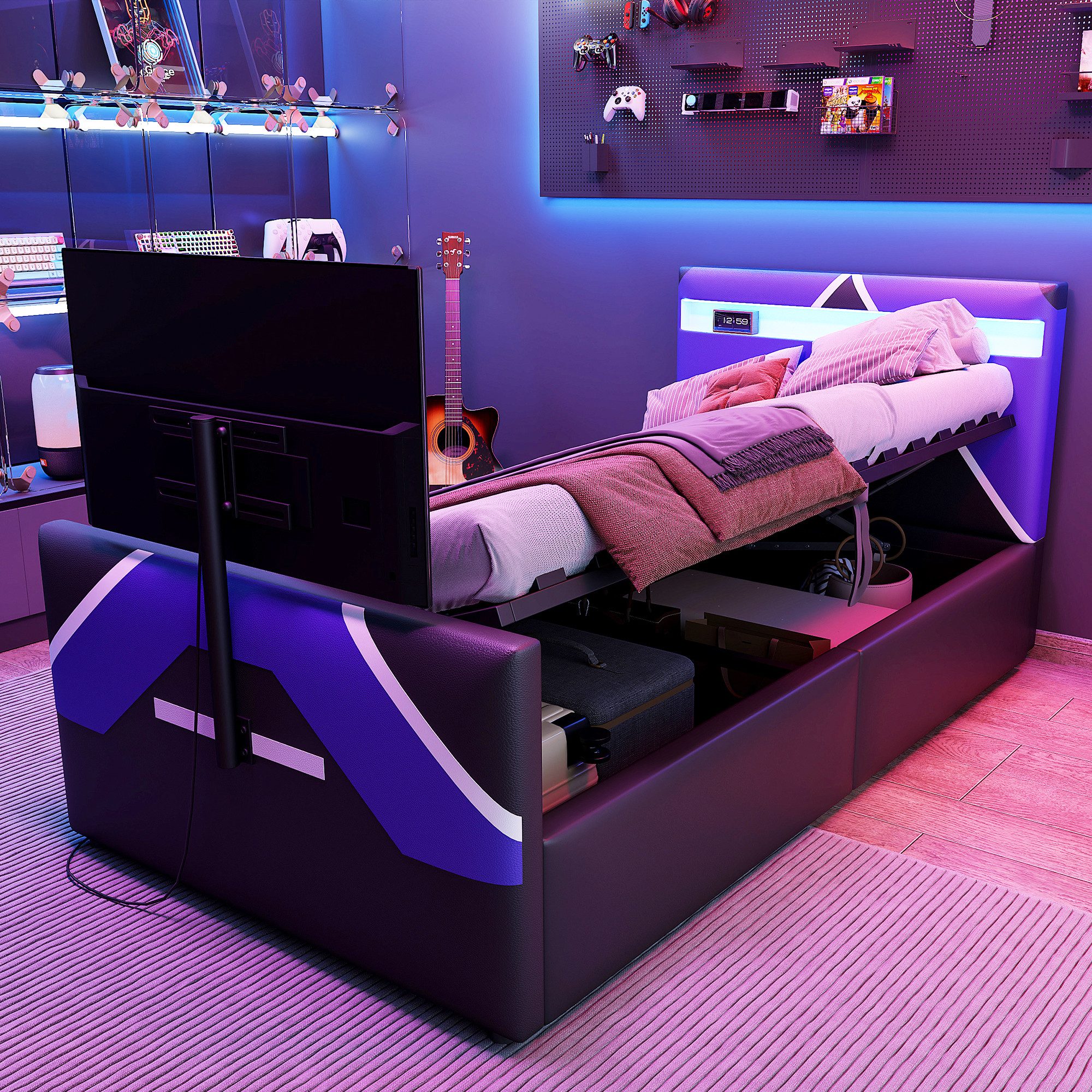 HAUSS SPOLE Polsterbett mit LED Jugendbett mit Stauraum Gamingbett mit TV-Halterung (LED-Farbwechsel, hydraulischem Stauraum & TV-Halterung – Multifunktionales Gaming-Bett, 90x200 cm), Inklusive Matratze