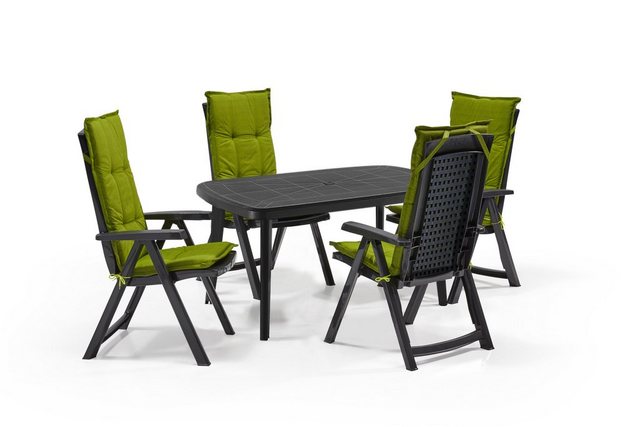 Shaf Gartenlounge-Set Shaf Diningset Milano anthrazit 5 teilig, mit Stühle, Tisch, Polster, klappbarer Stuhl, verstellbare Rückenlehne