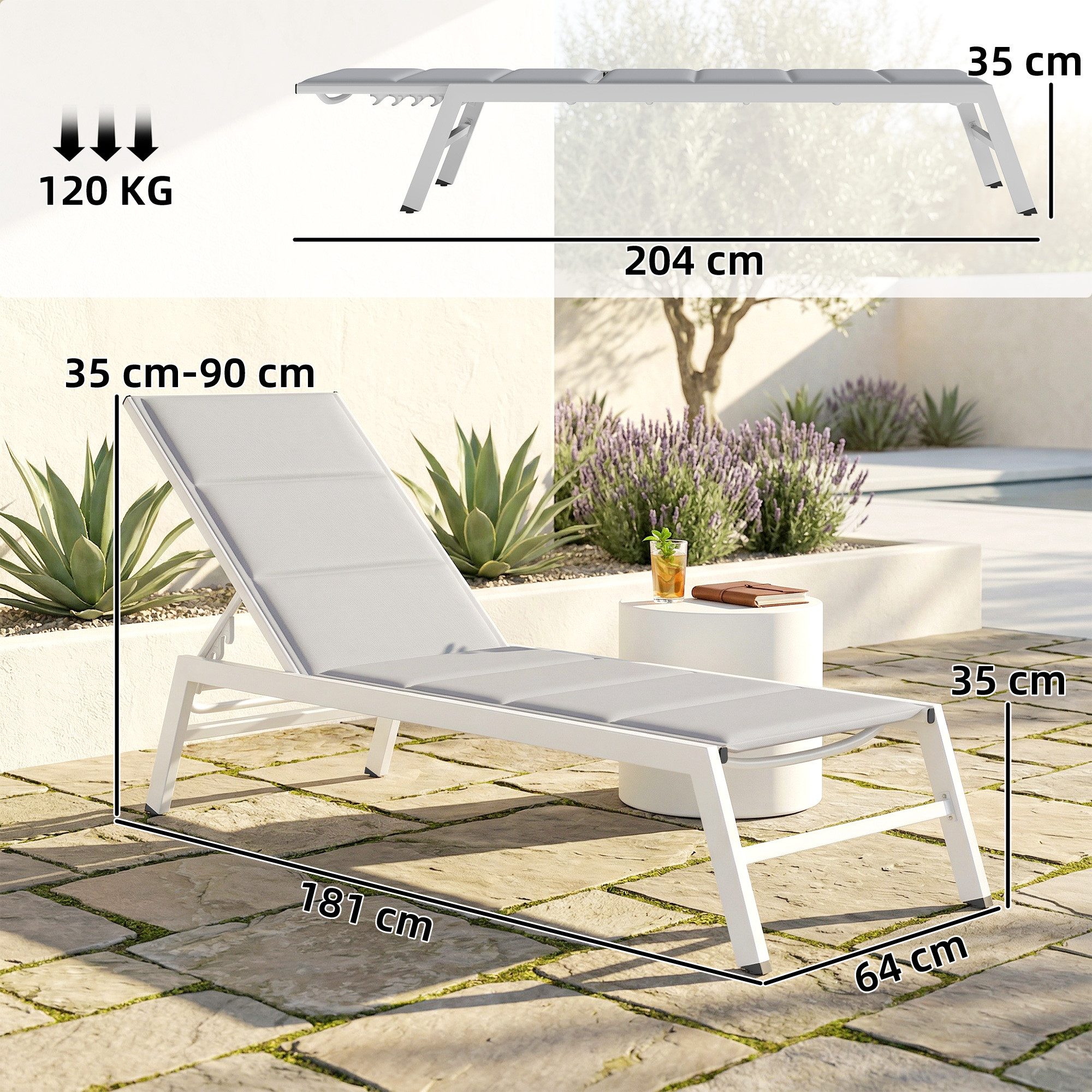 Outsunny Gartenliege mit 6-fach Verstellbar Rückenlehne, Aluminiumrahmen, Liegestuhl, 1 St., Sonnenliege, für Garten Terrasse Pool Hellgrau