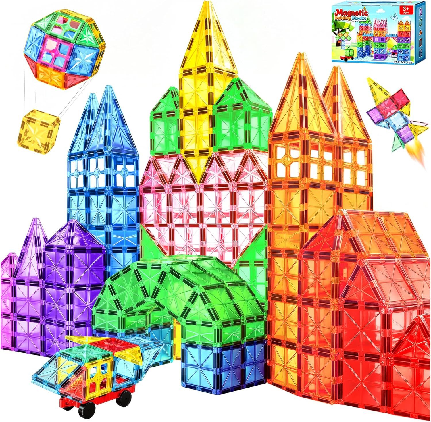 POPOLIC Magnetische Bausteine, Hochwertige Magnetbausteine Magnetspielbausteine, (Magnetspiel Montessori Spielzeug ab 3 Jahre, Magnete Spielzeug ab 3 4 5 Jahre, 67 St), Bausatz Geschenk für Kinder Jungen Mädchen