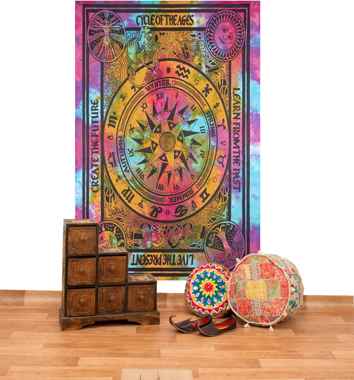 KUNST UND MAGIE Wandteppich Astrologie Tagesdecke Wandbehang Bunt Deko TuchCycle of the Ages Goa