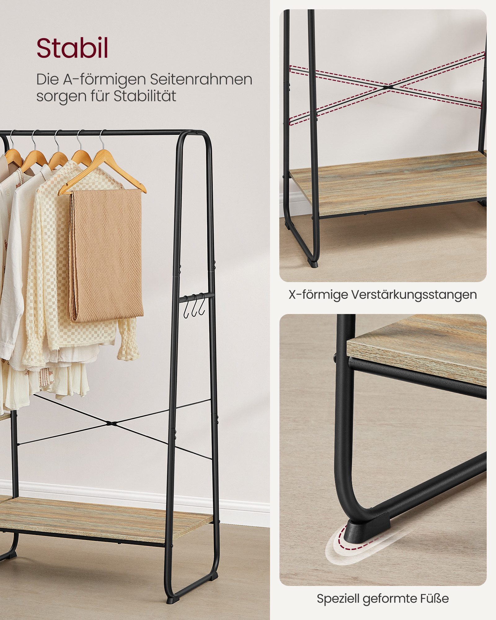 VASAGLE Kleiderständer offener Kleiderschrank, 45 x 120 x 160 cm, mit Kleiderstange, Schuhablage und 6 abnehmbaren Haken