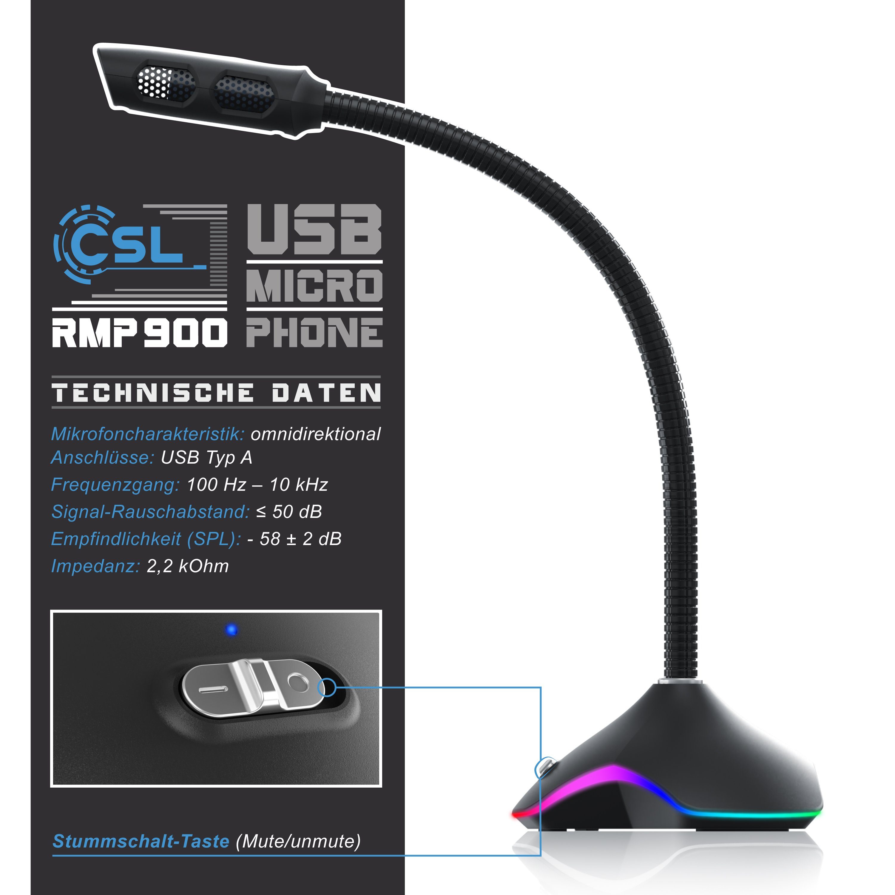 CSL Standmikrofon USB Desktop Mikrofon mit RGB Beleuchtung, RMP 900 Tischmikrofon (1-tlg), für Podcast, Streaming, Videocalls und Gaming, Plug and Play – Bild 2 von 5