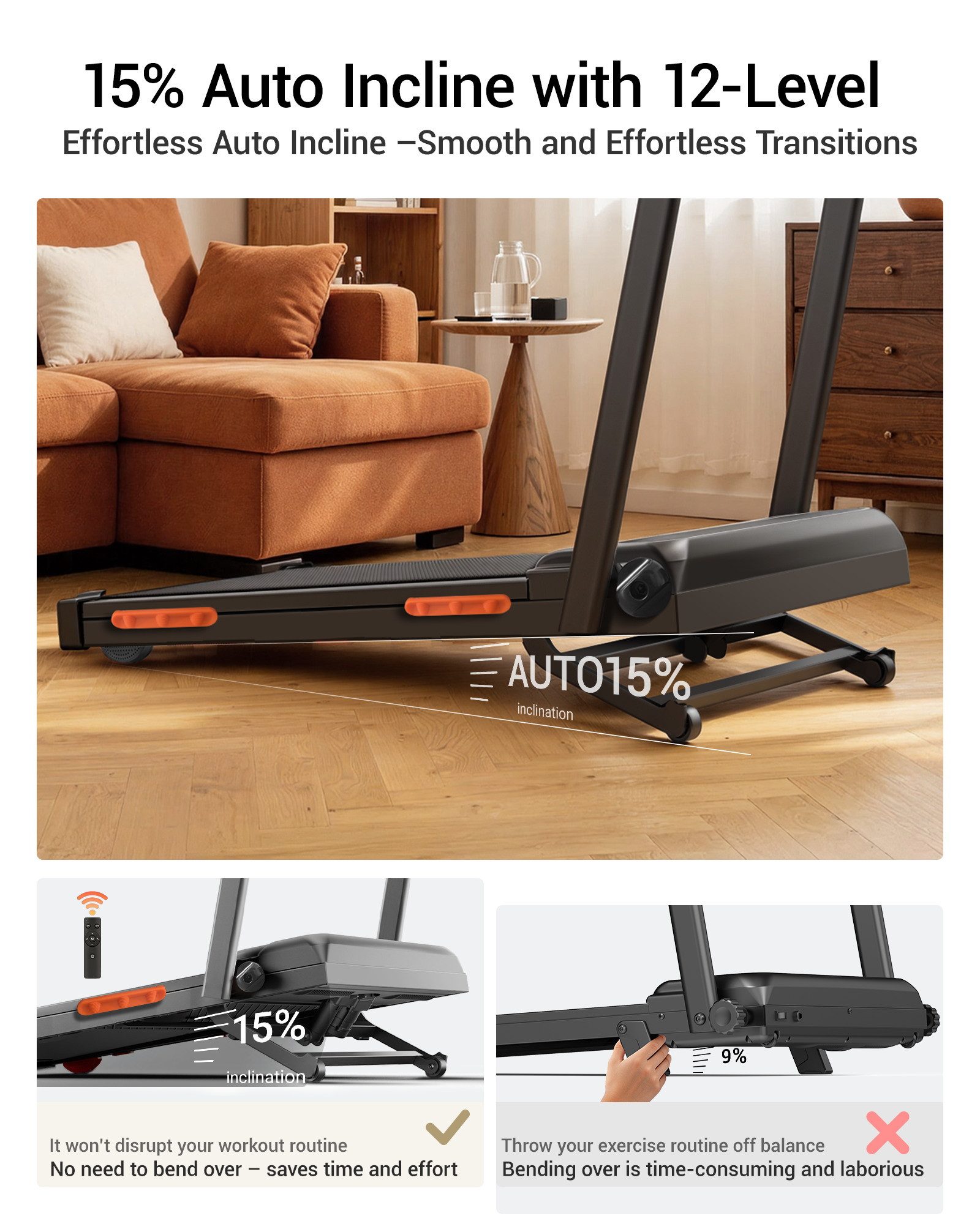 ROBORE Laufband X8F Walking Pad mit Neigungsverstellung von 0–20 %, 1–12 km/h, mit Fernbedienung und LED-Anzeige, für zu Hause und im Büro
