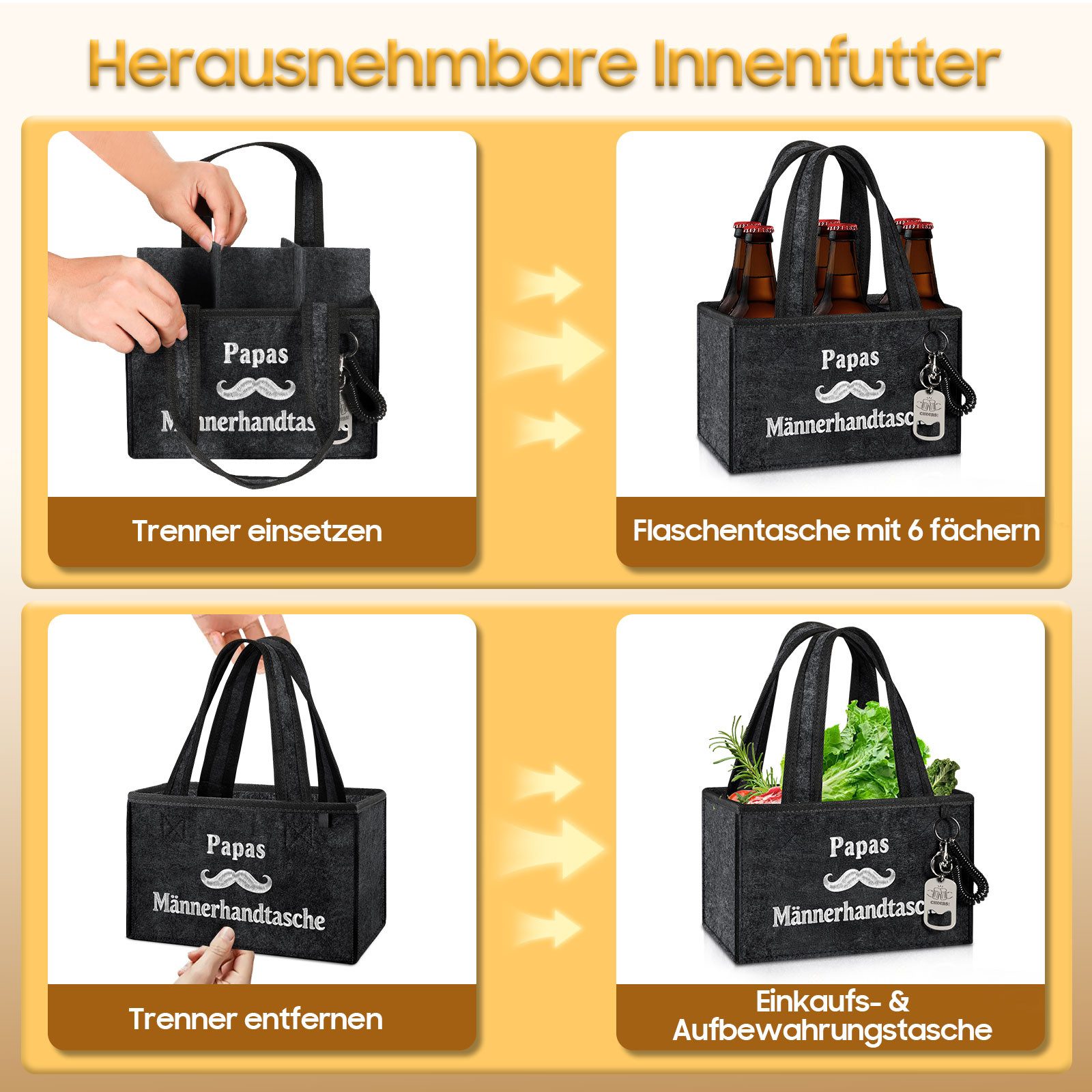 Fintie Flaschenkorb Flaschentasche mit 6 Fächern und Flaschenöffner für 0,33L/0,5L Flasche, Männerhandtasche Bier Filz Lustig Geschenke für Männer Geburtstag Pa – Bild 3 von 5