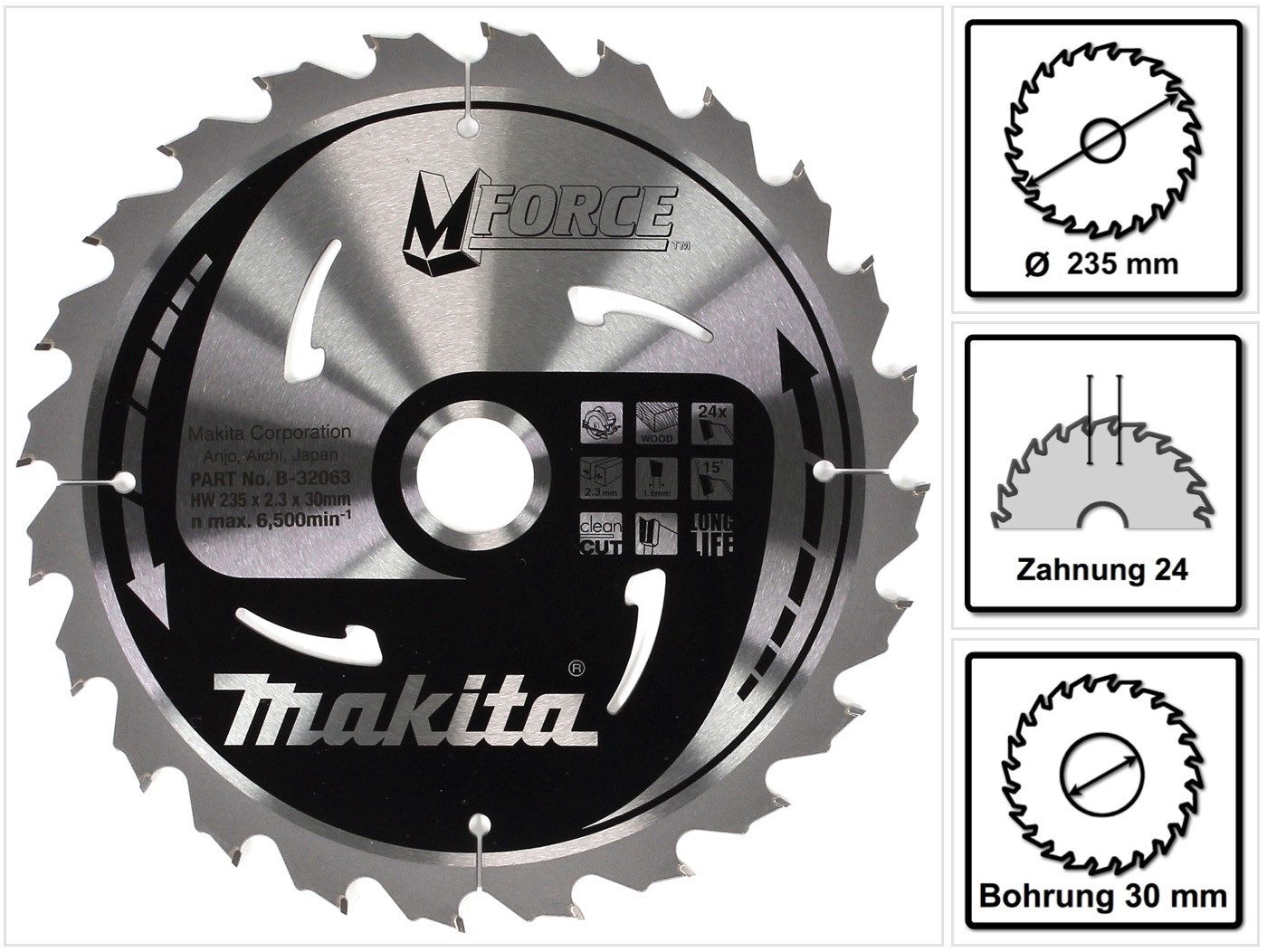 Makita Kreissägeblatt M-FORCE Kreissägeblatt für Holz 235 x 30 x 2,3 mm 24 Zähne (B-32063
