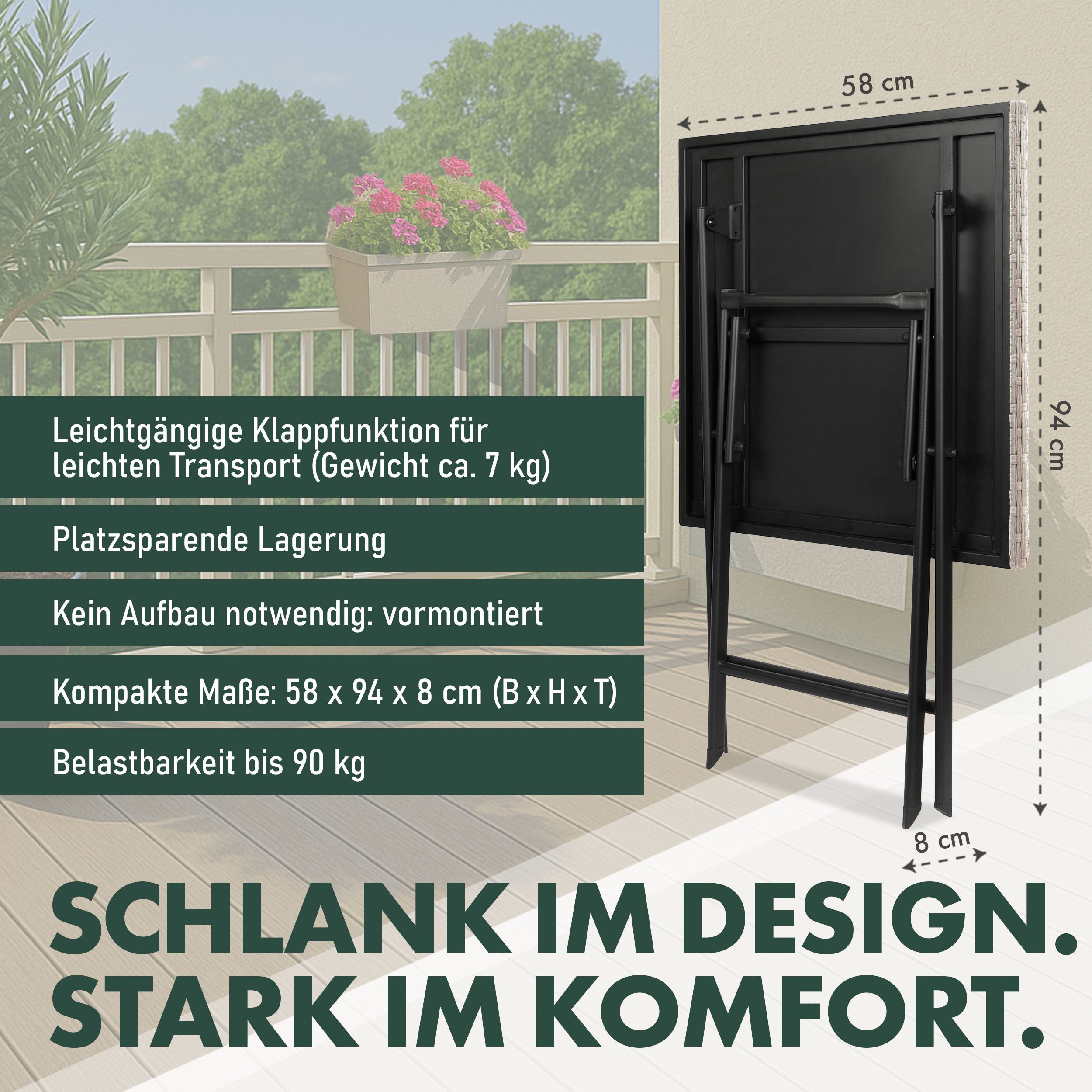 BRUBAKER Gartentisch Lugano - 58 x 58 cm Balkontisch wetterfest aus Polyrattan & Metall (1-St., Beistelltisch klappbar - Campingtisch eckig), Klapptisch für Bal – Bild 3 von 5