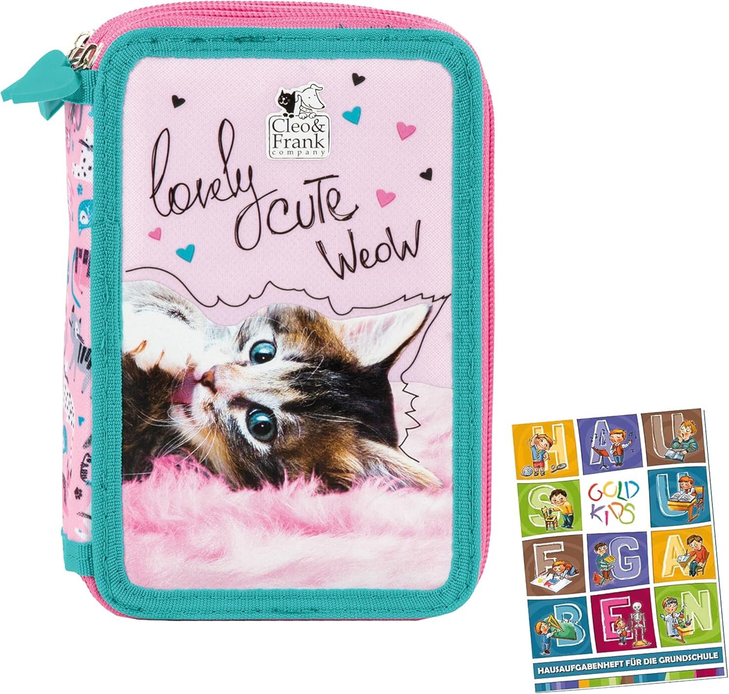 GOLDKIDS Federmäppchen Federtasche 3-fache Federmappe, (43-teilig gefüllte Schüleretui Stifte und Pinsel inkl. Aufgabenheft, 1-tlg., Federbox Etui Stiftetasche Schlamper-Etui Schul-Etui), Katze Cat Motiv